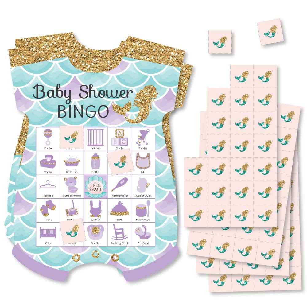 Big Dot of Happiness Let's Be Mermaids - Picture Bingo Cards and Markers - Baby Shower Shaped Bingo Game - Set of 18