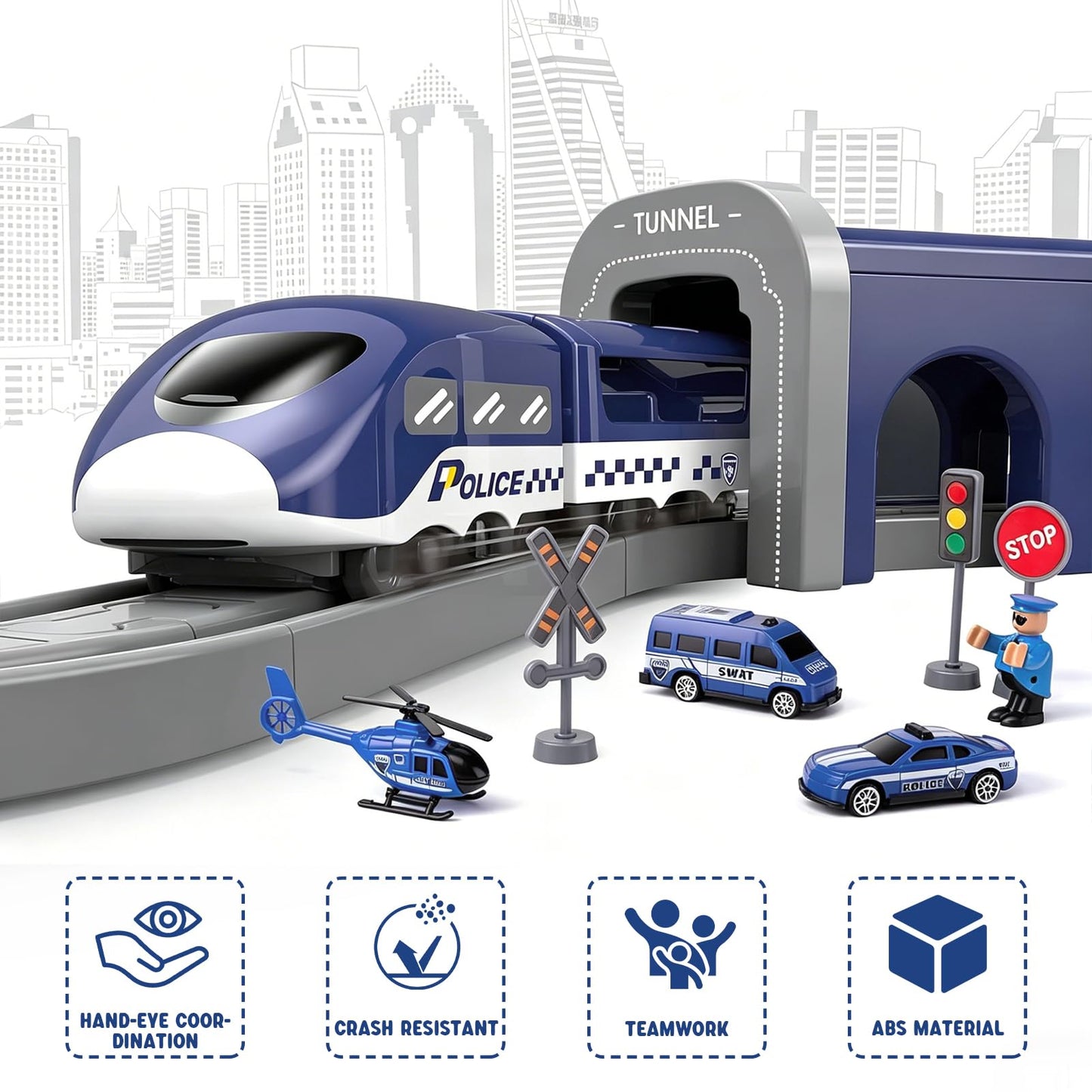 Wdmiya Train Sets for Toddlers, 66 Pcs Trains Toy with Battery Operated & Tracks (Magnetic Connection), Compatible with Thomas, Brio, Christmas Toy Gifts for 3 4 5 6 7 8 Years Old (Police)