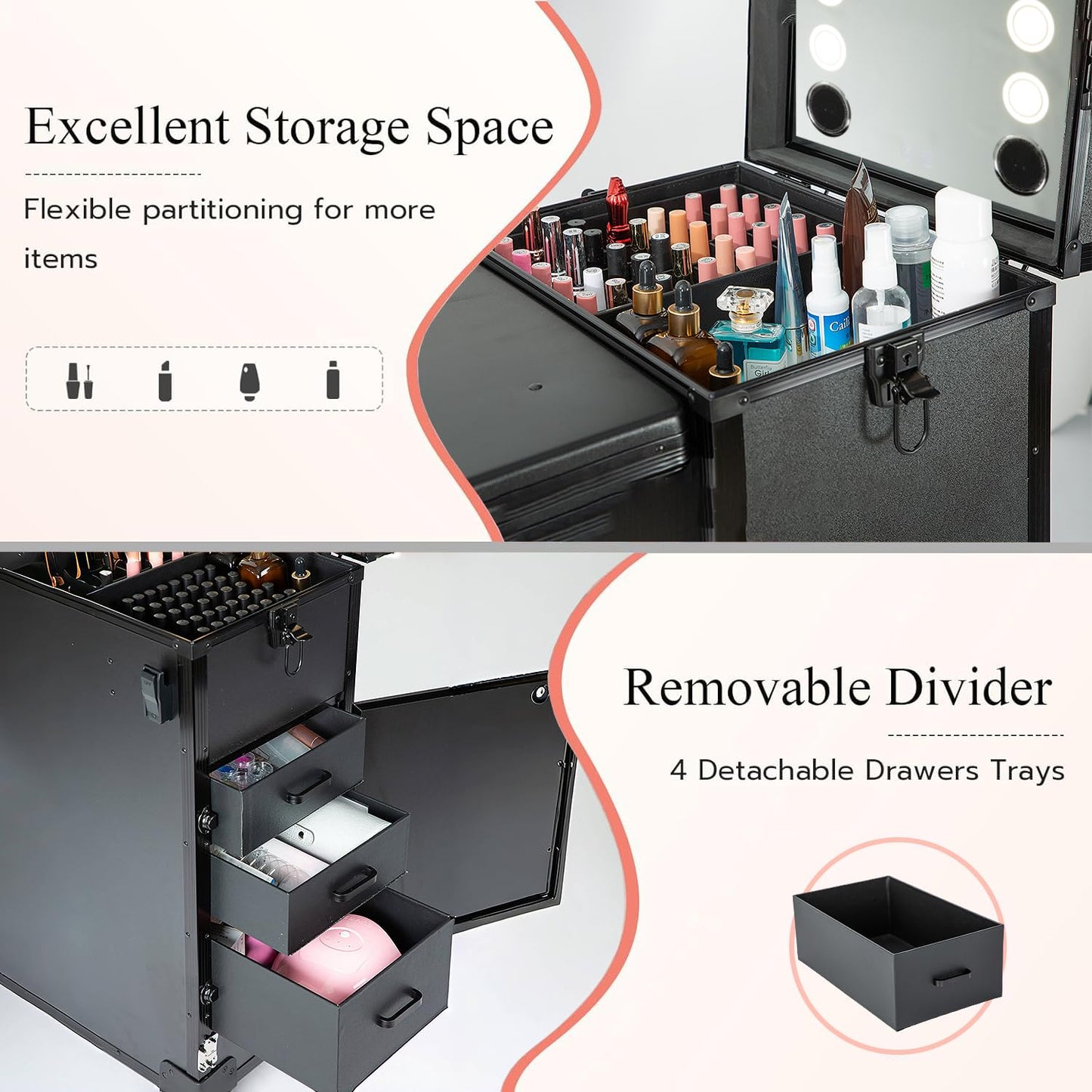 Gdsshuhung Rolling Manicure Table with LED Mirror, Foldable Nail Desk on Wheels with Drawers, Portable Mobile Workstation for Nail Technicians Travel (Black)