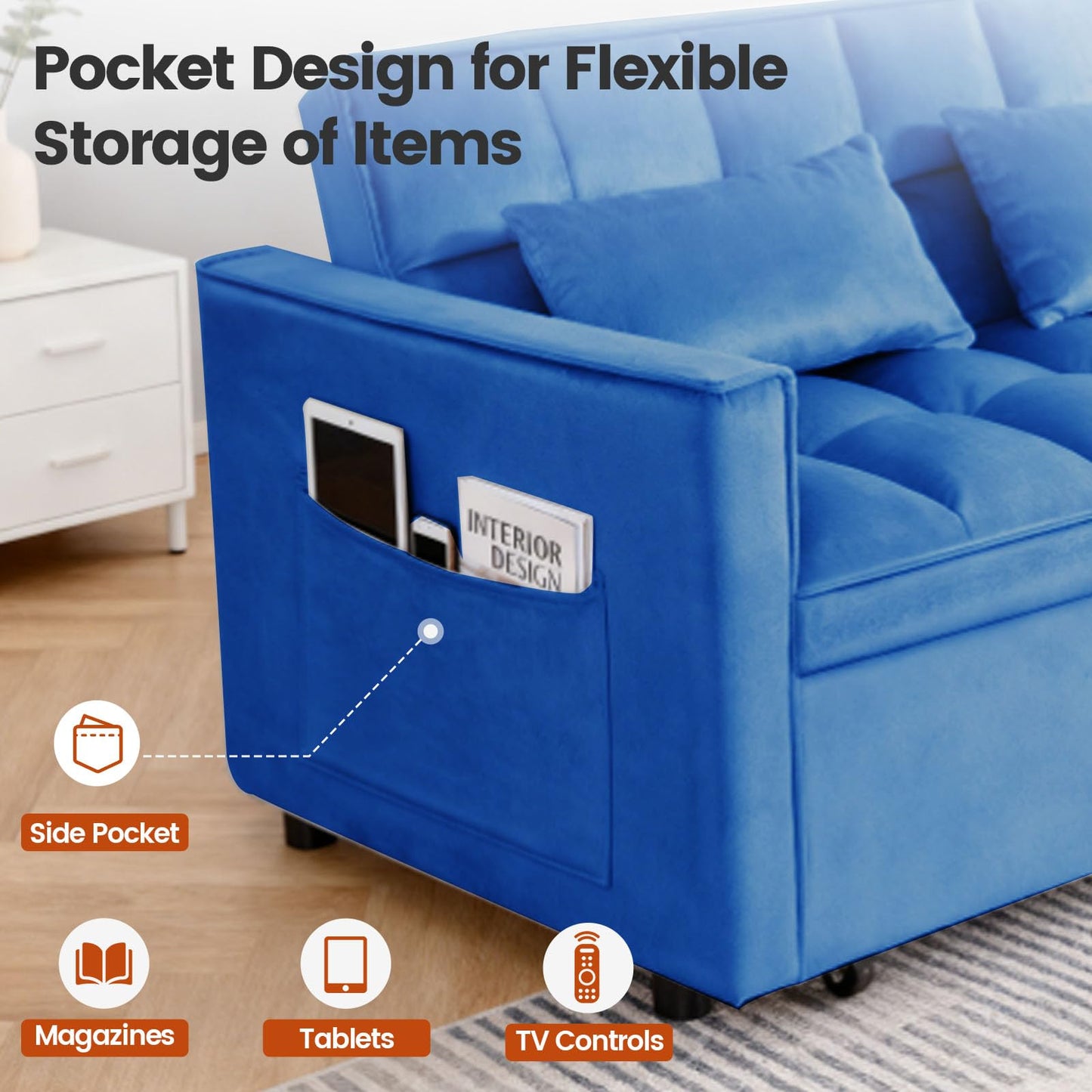 Trygoal Convertible Sofa Bed, Pull Out Couch with Side Pockets, 3 in 1 Velvet Fabric Loveseat Sleeper Sofa Bed, Pull Out Couch with Adjustable Backrest for Living Room, Bedroom, Apartment, Blue