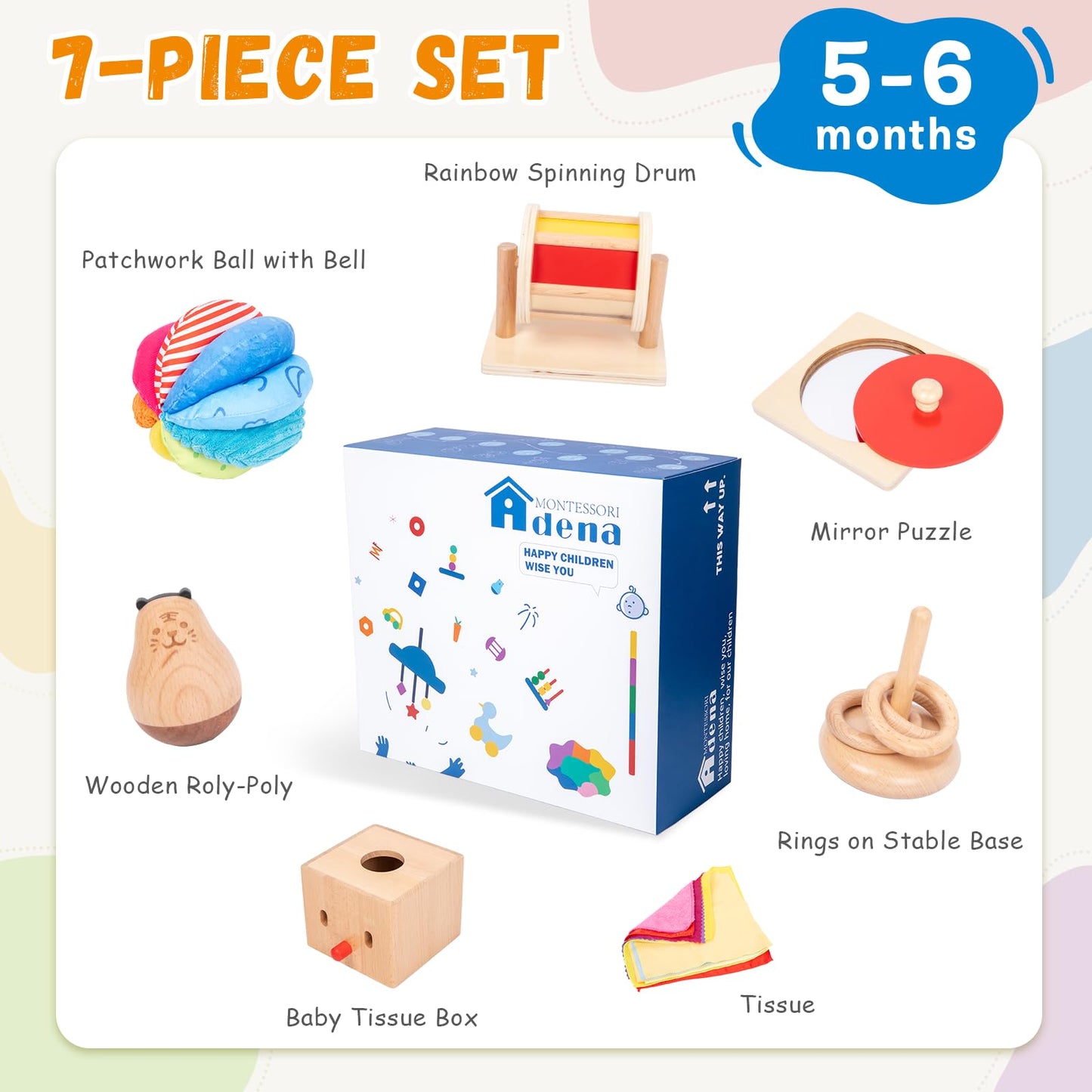 Adena Montessori Play Kit for 5-6 Months Baby,8 in 1 Learning Educational Toys for Toddler,Include Rainbow Spining Drum,Mirror Puzzle,Baby Tissue Box and More,Christmas Birthday Gift for Boys Girl