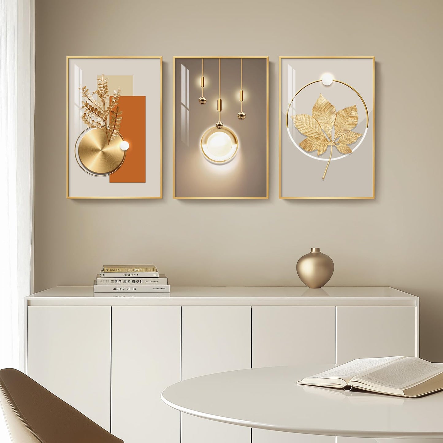 Framed Modern Luxury Gold Wall Art, Set of 3 Piece Contemporary Paintings Artwork for Walls, Golden Prints Pictures with Gold Frame, Wall Decor for Living Room, Hallway, Bedroom, Office 16x24 Inch