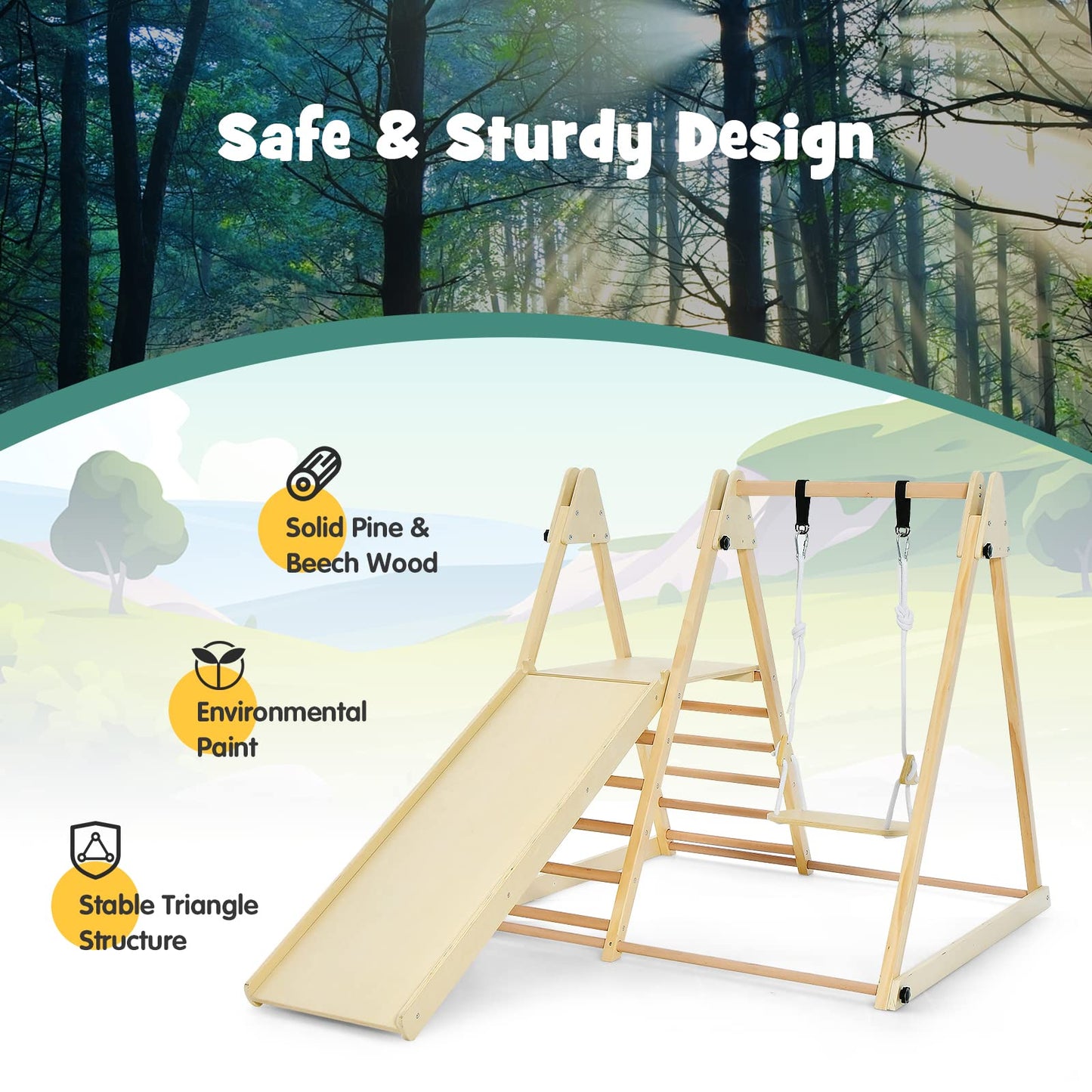 OLAKIDS Indoor Jungle Gym 4 in 1 Foldable Toddler Wooden Montessori Baby Climbing Toys with Swing Slide Ramp Ladder for Kids Playground Climb Activity Play Structure