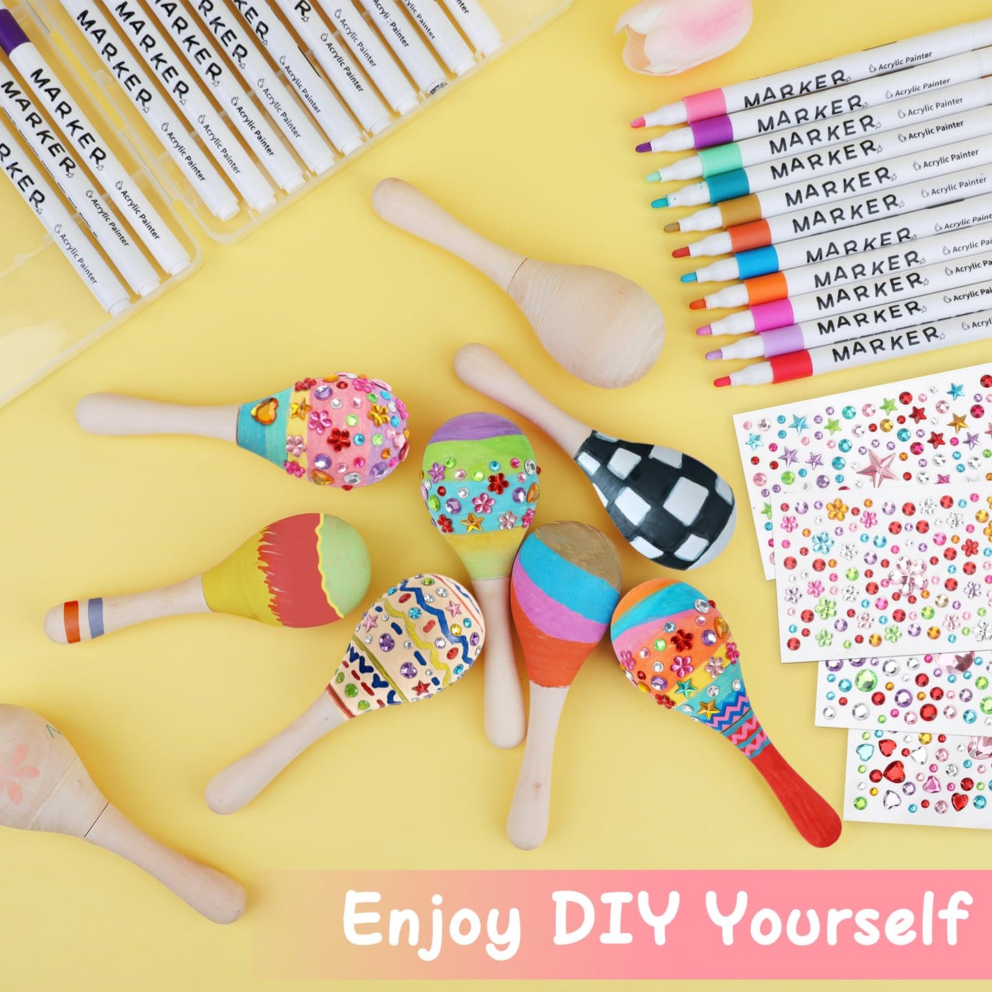15 PCS Mini Wooden Maracas for Kids, Unfinished DIY Maracas with Multicolor Pens and Gem Stickers for Mexican Fiesta Cinco De Mayo Painting Shakers Baby Musical Toys Birthday Party Favor Supplies