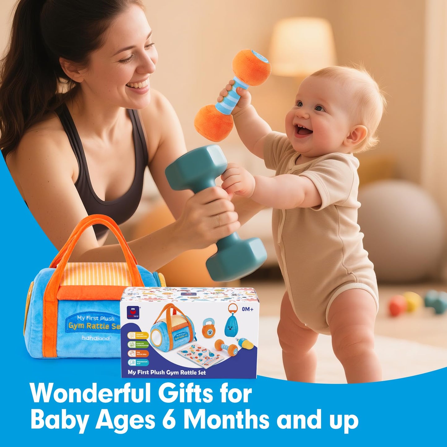 hahaland Baby Toys 6-12 Months - Baby Toys 3-6 Months Montessori Toy for 6 Month Old, Sensory Toy for Babies Workout Weights Dumbbell Toy Set with Soft Rattles Mirror, Easter Gifts for Baby