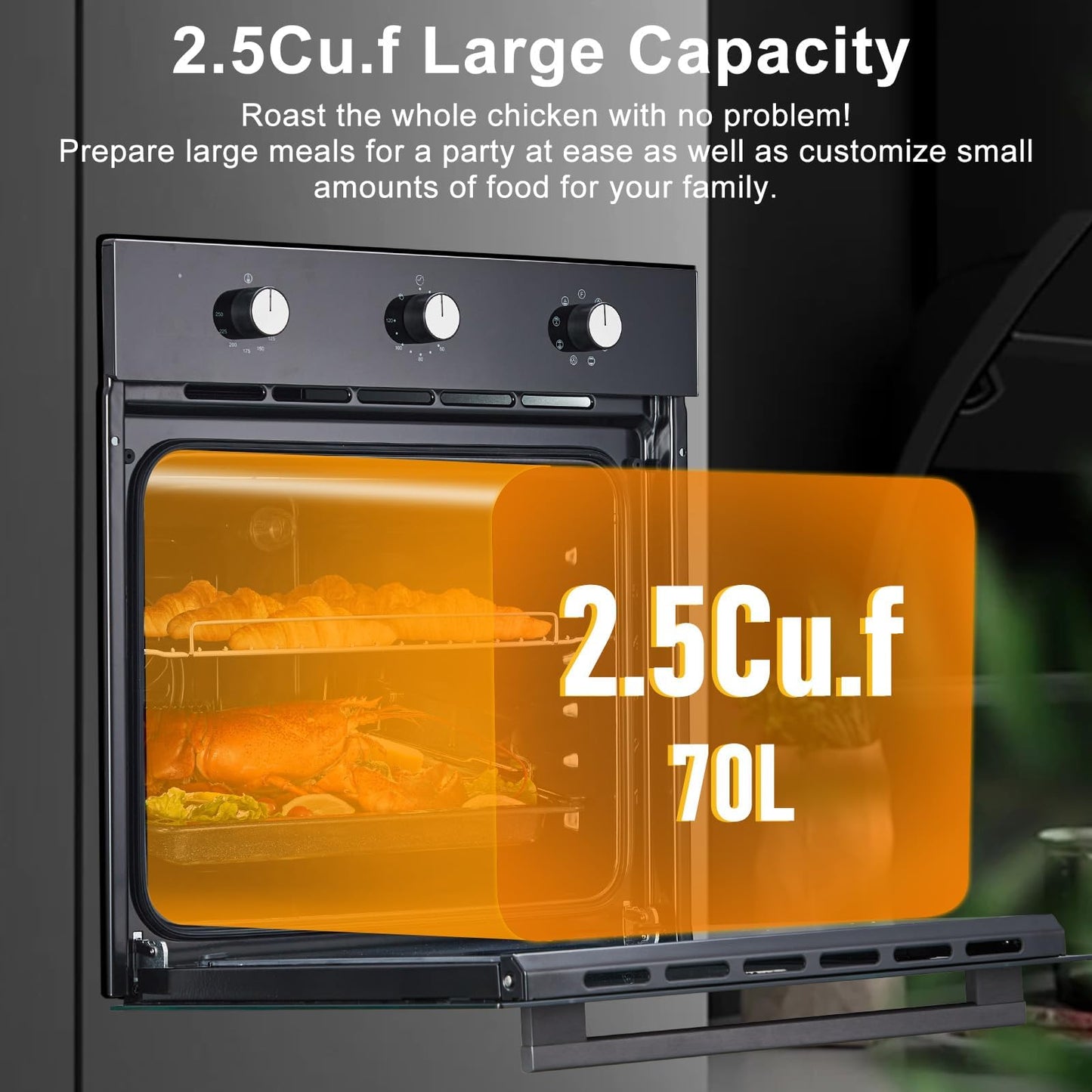 24 Inch Single Wall Oven, 2.5 Cu.ft Built-in Electric Wall Oven with 8 Cooking Functions in Stainless Steel, Mechanical Knob Control