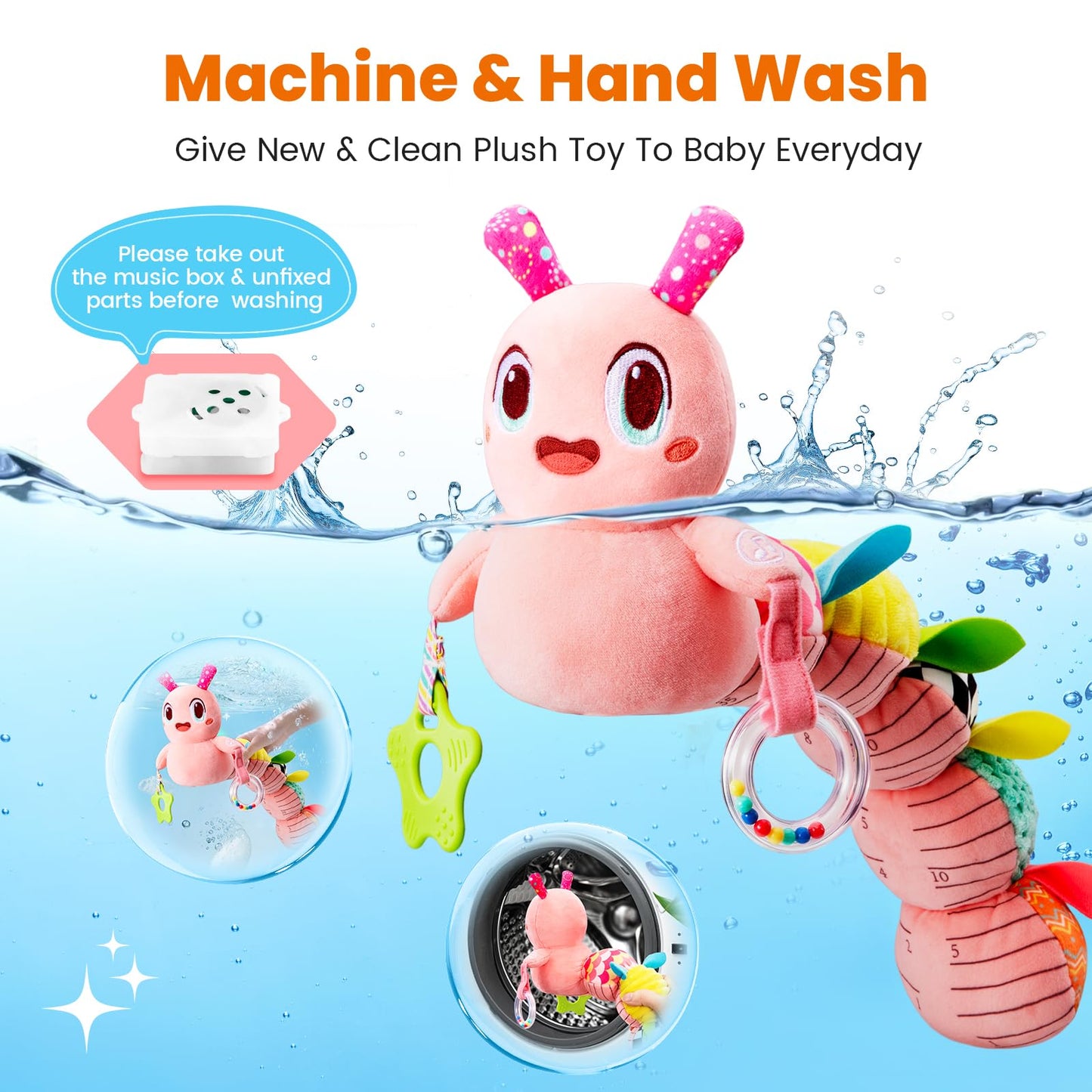 Baby Toys 0-6 Months, Washable Baby Musical Caterpillar Toys with 10 Children's Songs,Rattles,Teething Toys,Suitable for 0-6, 6-12 Months Infant Tummy Time Toy,Newborn Baby Boy&Gril Gifts(Light Pink)