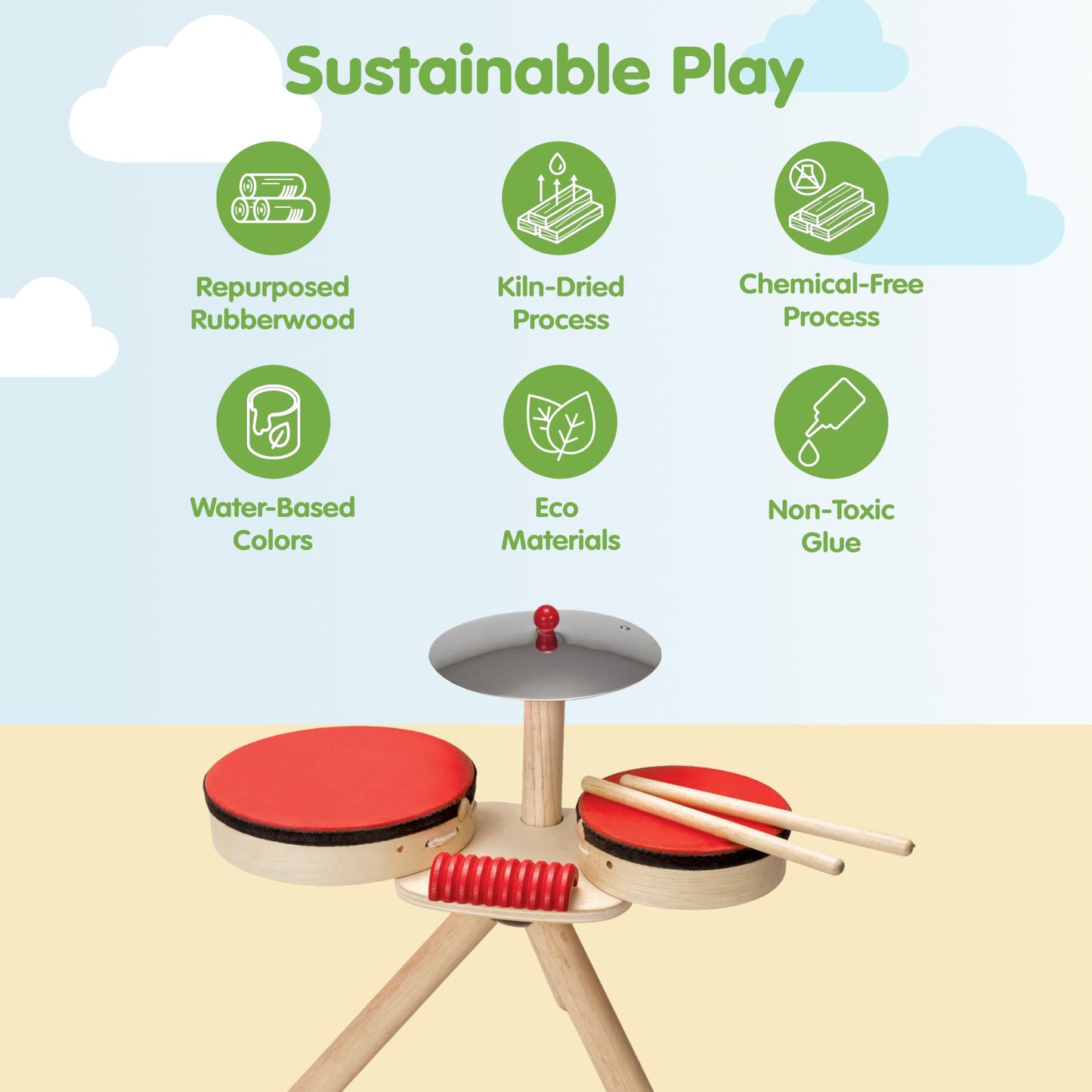 PlanToys® Musical Band Wooden Montessori Drum, Cymbal and Guiro Set | Early Sensory Exploration, Coordination and Creative Expression | Eco Friendly Music Toy for Meaningful Play