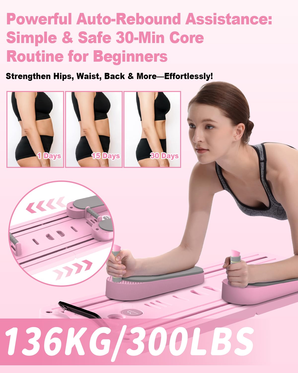 AMAZINGHOME Pro Foldable Pilates Board & Reformer Machine - Multifunctional Home Gym with Ergonomic Elbow Pads, Yoga Bar & Timer, 300lbs Capacity Core Workout Pilates Equipment (Pink)