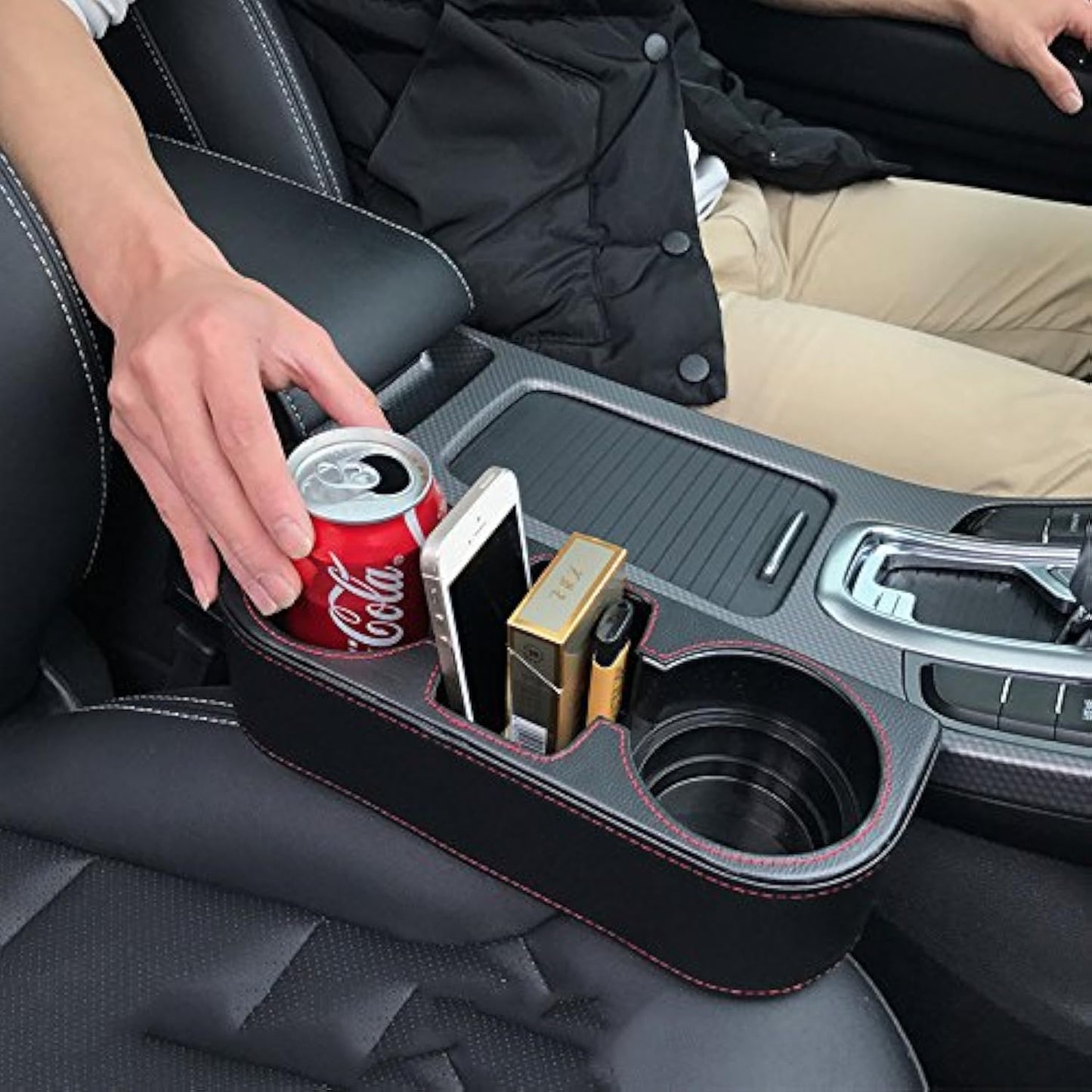 Car Cup Holder, Auto Cup Drink Holders，Multifunctional Auto Front Seat Organizer with PU Leather Cover, Gap Filler Storage Box Coin Bucket Console Side Pocket Cell Mobile Phone Holder (Black)