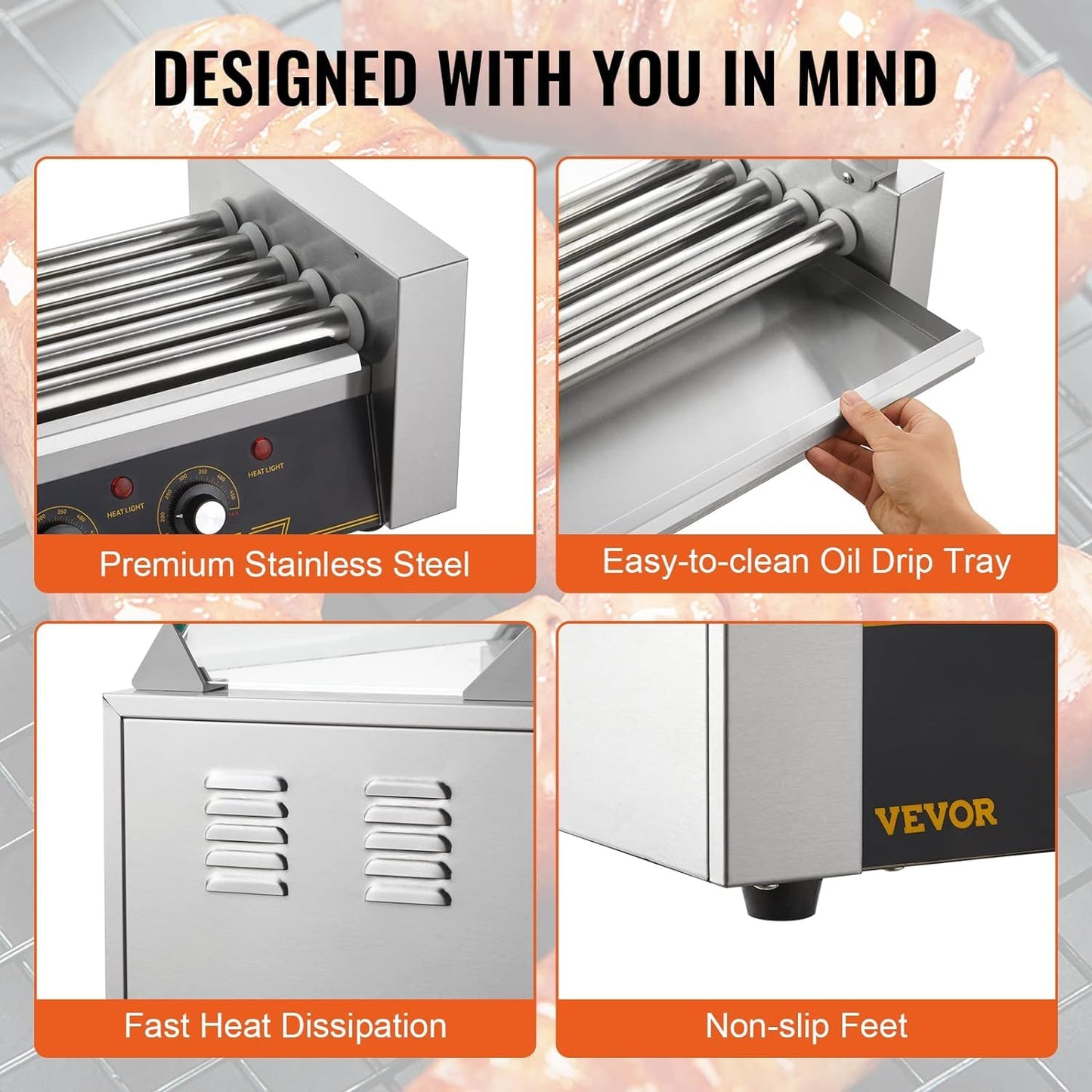 VEVOR Hot Dog Roller, 12 Hot Dog Capacity 5 Rollers, 750W Stainless Steel Cook Warmer Machine with Cover & Dual Temp Control, LED Light & Detachable Drip Tray, Sausage Grill Cooker