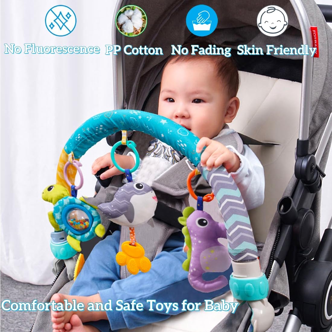 BATOHO Baby Stroller Arch Toy, Clip On Arch Mobile for Bassinet with Universal Clamps, Activity Toy Bar for Bouncer Musical Crib Mobile Toys for Infants Car Seat Toys Rattle Turtle Music Whale