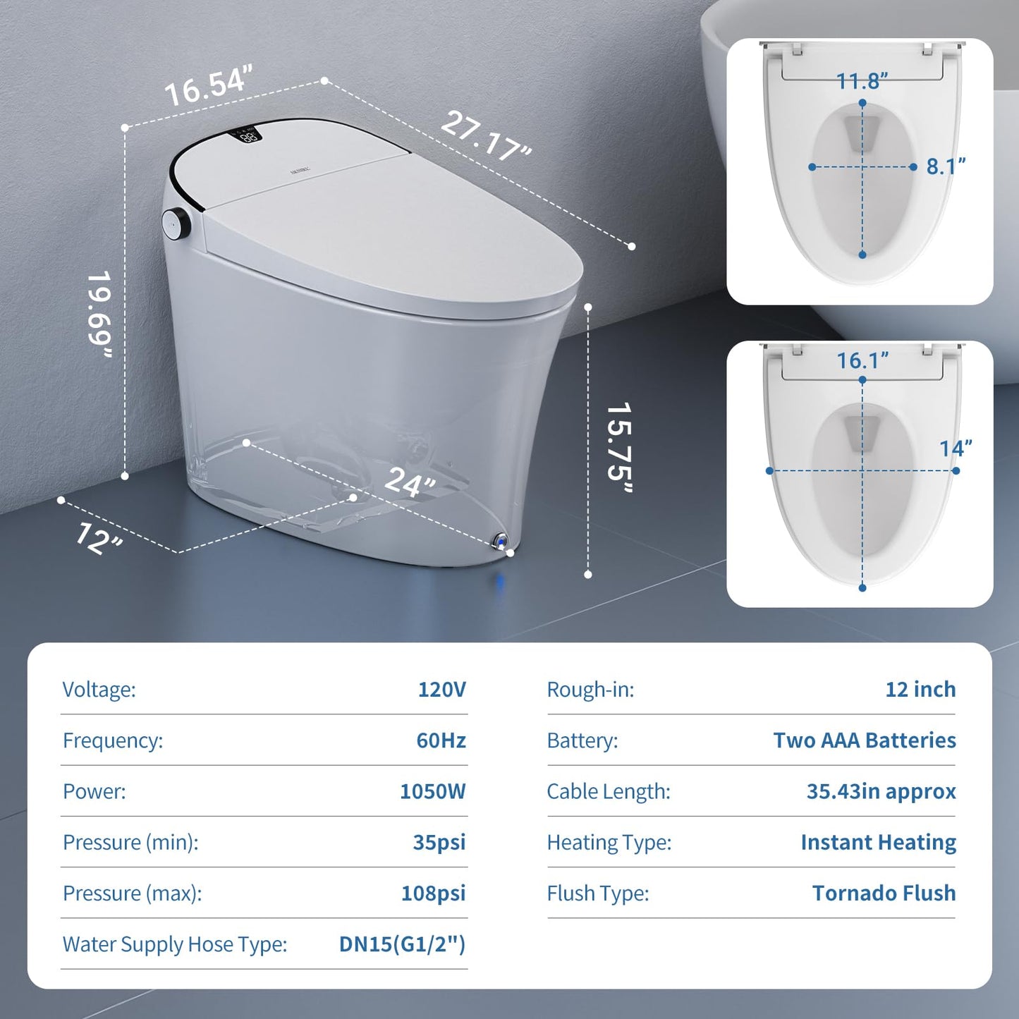 AKNIRL Smart Toilet with Bidet Built In, Modern Bidet Toilet with Tank, Heated Seat, Instant Warm Water, Pump-Assisted & Auto Flush, Foot Sensor Operation, Air Dryer, Night Light & Digital Display