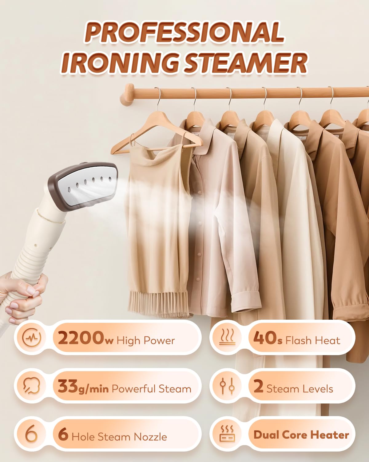 Hapyvergo Standing Garment Steamer with Ironing Pad, 2200W Steamer for Clothes, 3L Tank, 70-Min Continuous Steam, 40s Fast Heating, Adjustable Height, Drain Port Design, Universal Wheels, White