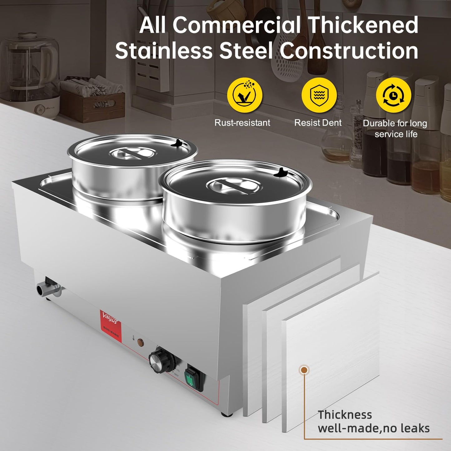 Valgus Commercial Stainless Steel Bain Marie Food Warmer 2 Round Pots Electric Soup Warmer with Lid and Tap for Home, Catering, Buffet