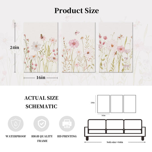 MTFBWY Wildflower Wall Art Set of 3, Pink Floral Canvas Prints, Gallery Wrapped Aesthetic Cottagecore Wall Decor, Vintage Botanical Flower Pictures for Bedroom Nursery, 12x16 Inch