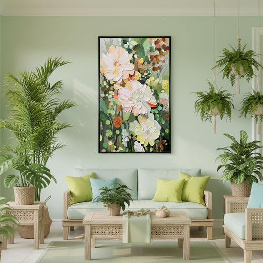 Large High-End Hand Painted Floral Oil Painting, Colorful 3D Textured Green Flower Canvas Wall Art Black Aluminum Alloy Frame, Bright Modern Botanical Vertical Home Decor for Living Room, 20" x 32" (Flower-03, 20" x 32")