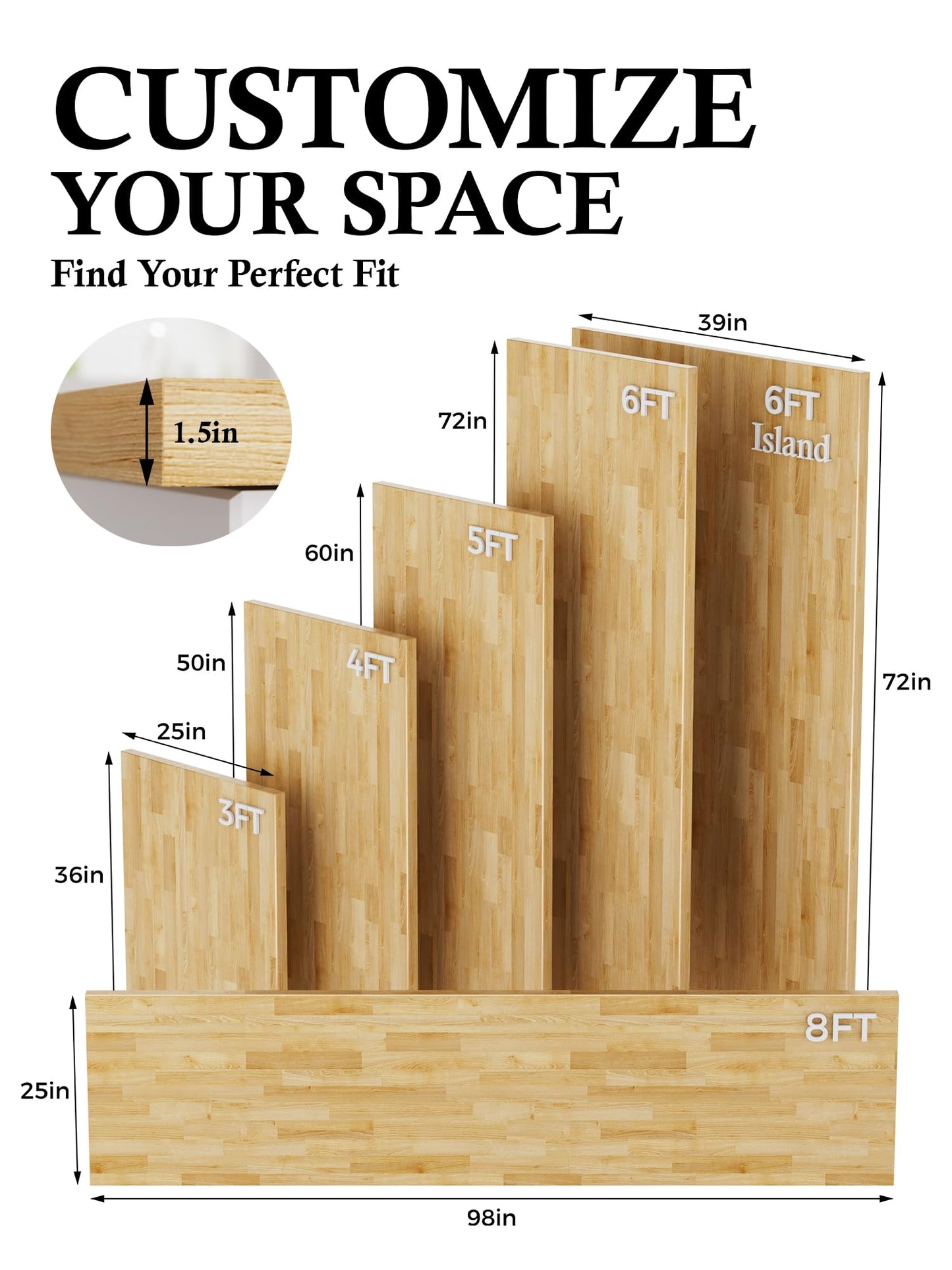 6FT Butcher Block Countertop Birch Solid Wood - 72" x 24.5" Table Top Butcher Block Cutting Board for Kitchen Island Living Dining Table Office Desk Workbench Countertop Unfinished 1.5" Th
