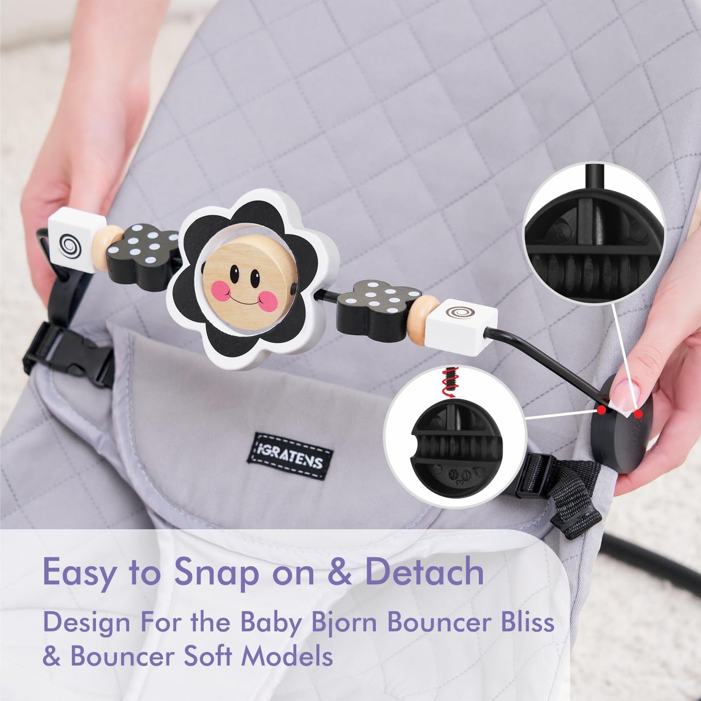 iGRATENS Baby Bjorn Bouncer Toy Bar, Toy for Baby Bouncer Soft & Bliss, Easy to Attach and Remove, Child-Friendly Materials, Exciting Design for Curious Babies, Black and White Flowers
