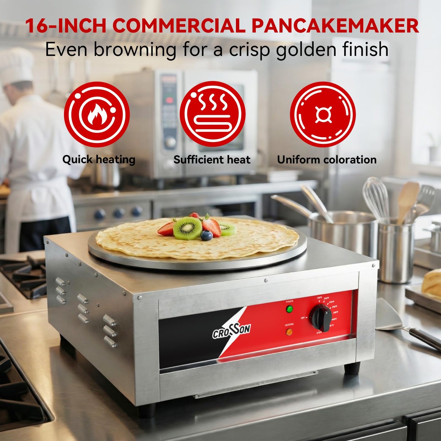 CROSSON Commercial Electric Crepe Maker, 16-Inch Large Cooking Plate 1800W ETL Certified, Stainless Steel Pancake Griddle with Accessories Storage & Metal Spatula/Spreader