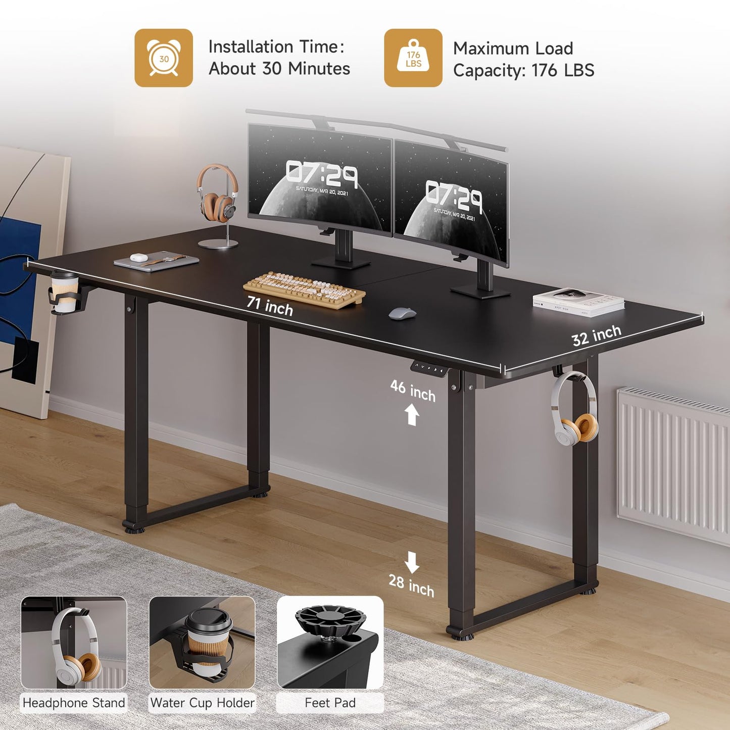 Height Adjustable Electric Standing Desk 71x32 Inches Rectangle Sit Stand Up Desk with Dual Motor and Memory Preset Home Office Computer Desk, Black