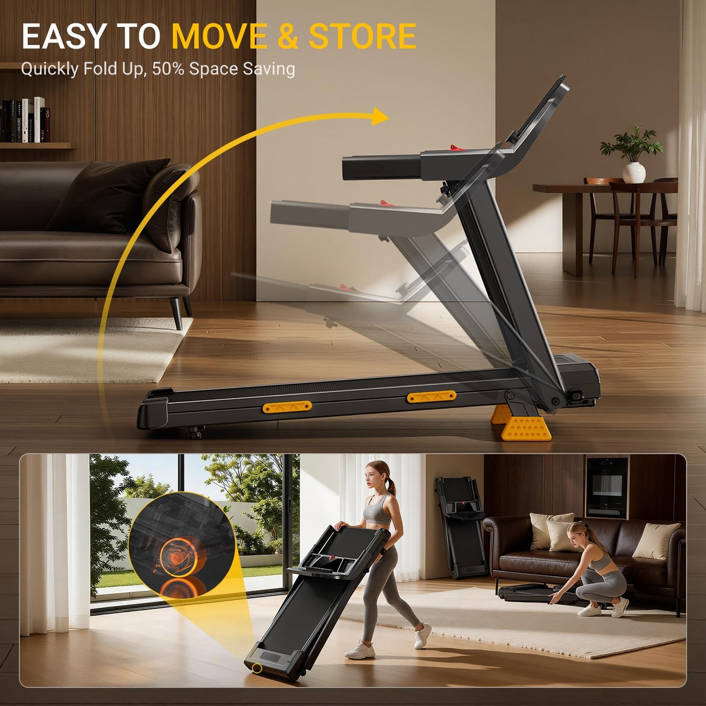 16% Incline Treadmill with Handle, 4-in-1 Foldable Treadmill with Triple-Screen Console, 3.0HP Quiet Brushless Treadmills for Home and Office Use, 400 LBS Capacity