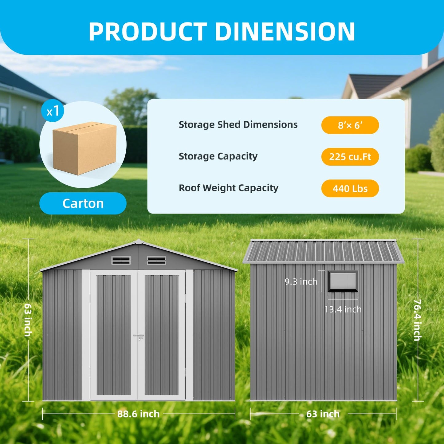 TABU 8x6 FT Outdoor Storage Shed with Window&Lockable Doors, Utility Waterproof Tool Shed with Air Vents for Backyard, Patio and Garden, Grey