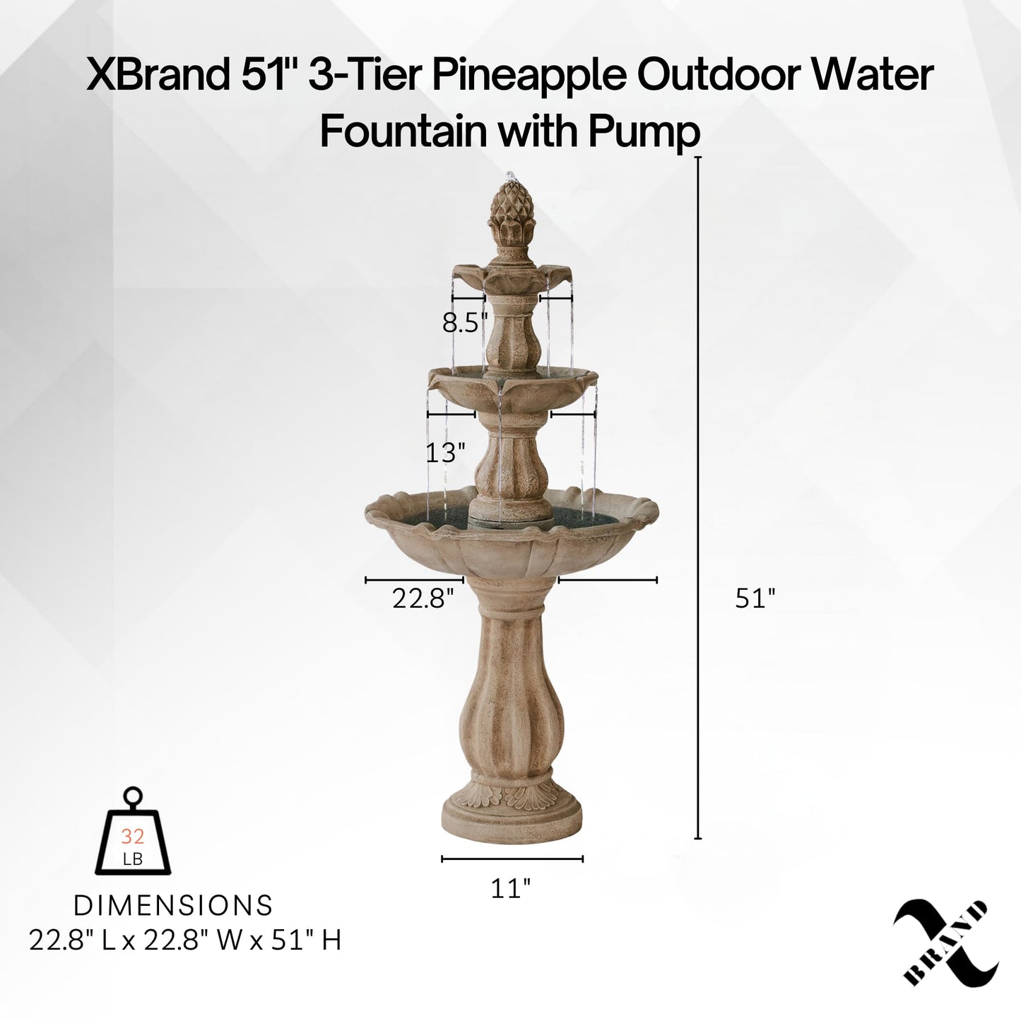 XBrand 51" 3-Tier Outdoor Waterfall Fountain, Weather-Resistant Resin Freestanding Water Feature with Pump, Beige