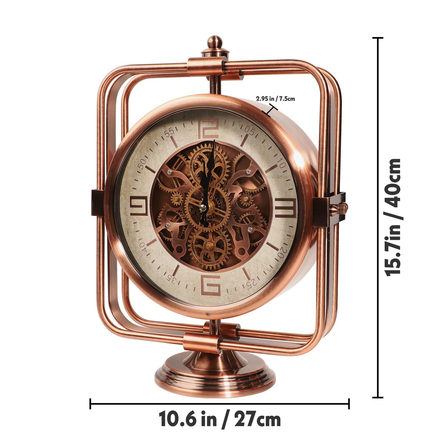 DORBOKER Moving Gears Desk Clock, Mantle Clock, Industrial Steampunk Art Decorative Clocks for Living Room Farmhouse Offcie, Christams Gifts Ideas for Father Boss Senior Friend (11inch-Red Copper)
