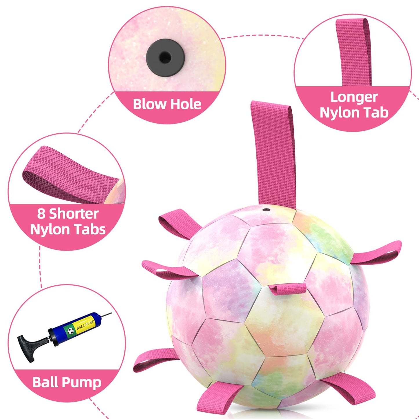 QDAN Dog Balls: Herding Ball for Dogs, Outdoor Toys Dog Soccer Ball with Straps, Interactive Pet Toys for World Cup Large Dogs Tug of War, Pet Birthday Gifts,Gradient Rainbow (8 Inch)