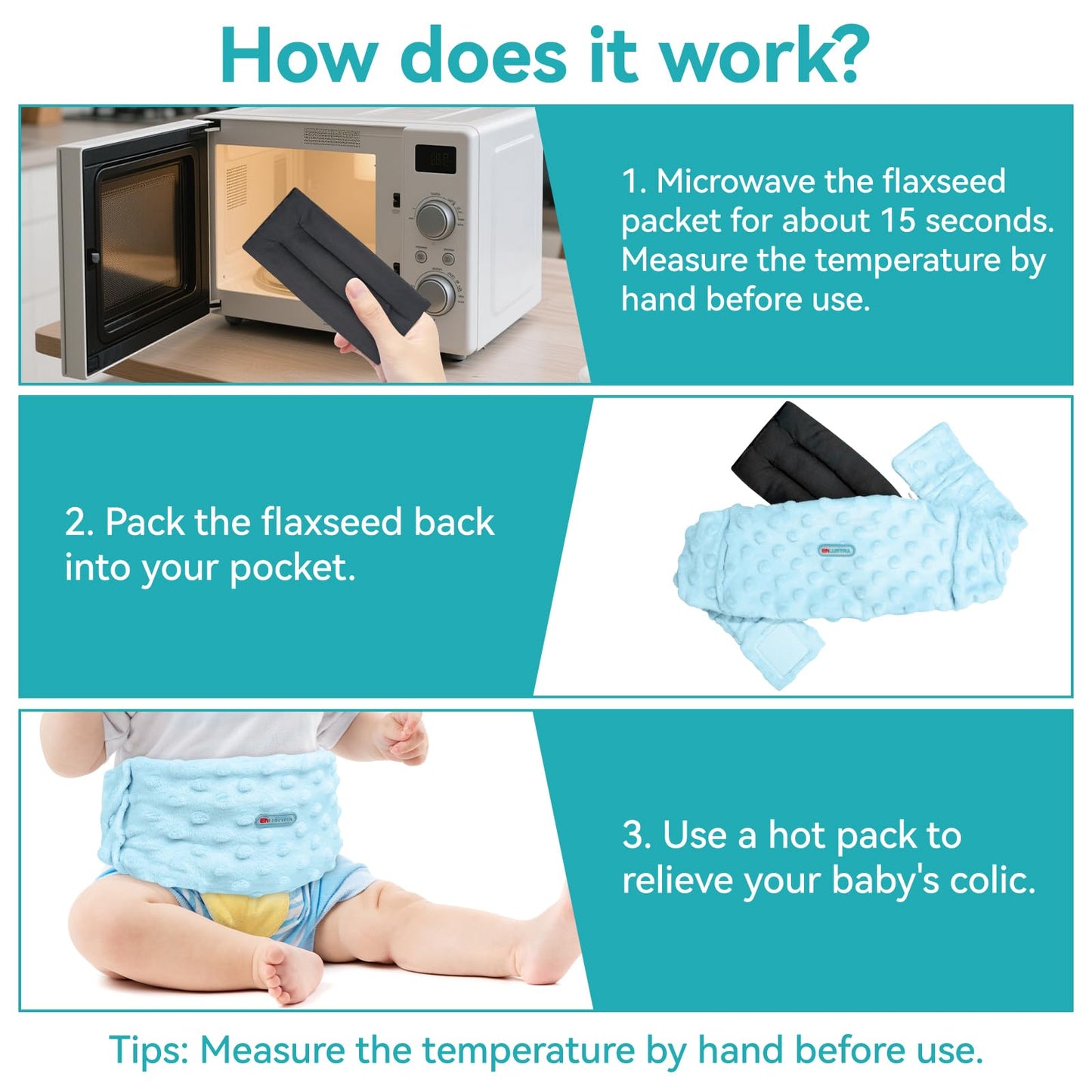 Colic and Gas Relief for Newborns and Infants, Flaxseed Heated Tummy Wrap - Microwaveable Baby Heating Pad with Soothing Warmth, Natural Relief for Gas and Upset Stomach, Bule