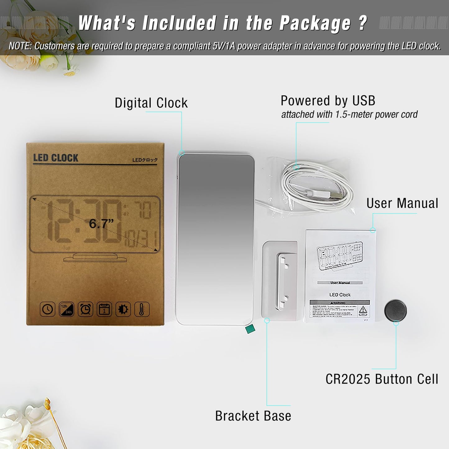 KOSUMOSU Digital LED Clocks for Bedrooms 6.7in White Alarm Clock, Dimming, 12/24h, Date, Day of Week,Temp,Desk Clock, LED Clock for Bedside, Digital Calendar Clocks for Living Room Essentials