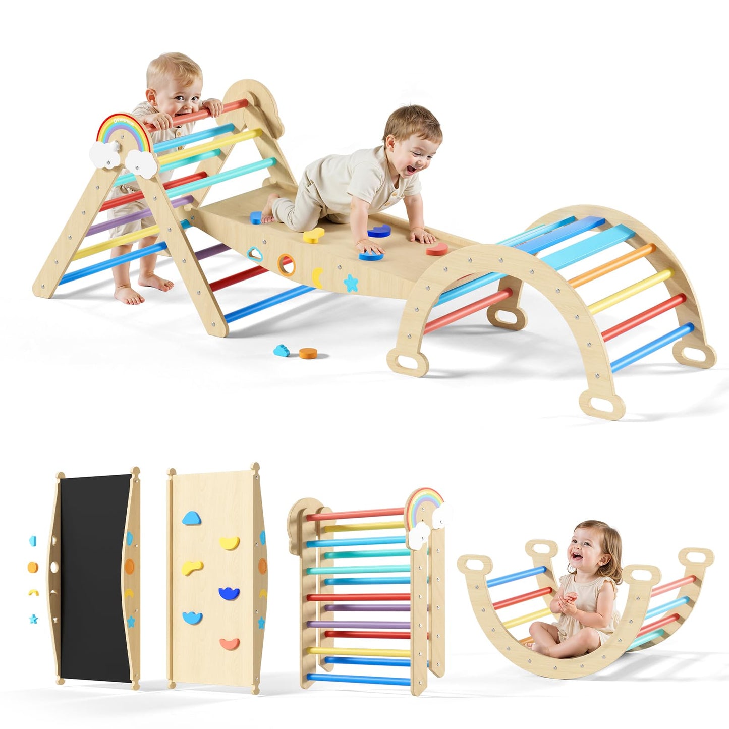 Duwenem Pikler Triangle Set, 10in1 Toddler Climbing Toys Indoor, Montessori Kids' Indoor Climbers & Play Structures with Arch&Ramp&Ladder, Indoor Baby Climber for Montessori Toys