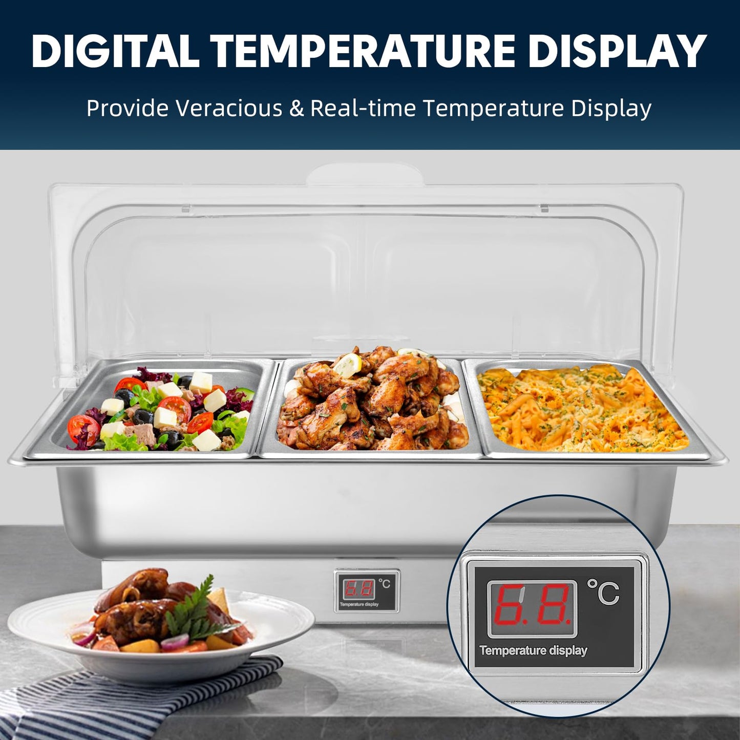THXSUN Electric Chafing Dish, 3 x 3QT Size Electric Chafing Dish Buffet Set with Rotary Knob Adjustable Temp, 700W Electric Buffet Servers and Warmers with Roll Top for Catering