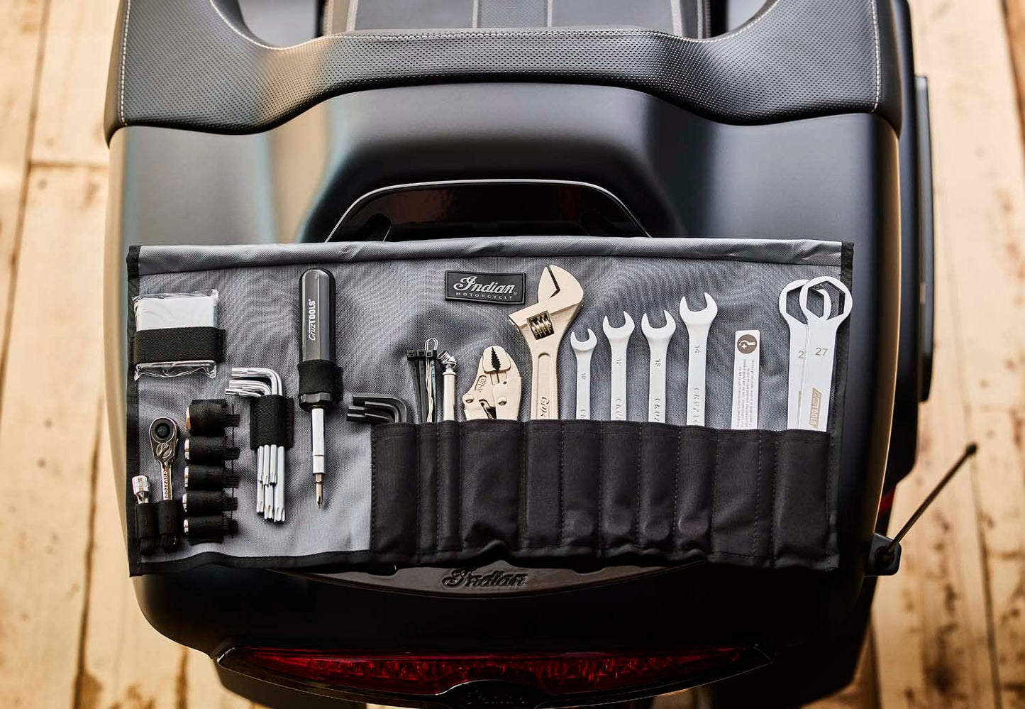 Indian Motorcycle Premium 30 Piece Tool Kit by CruzTOOLS, Combination Wrenches, Hex Keys, Torx Keys, Sockets, and More, for Everyday Motorcycle Maintenance, Roll-up Storage Bag - 2890075