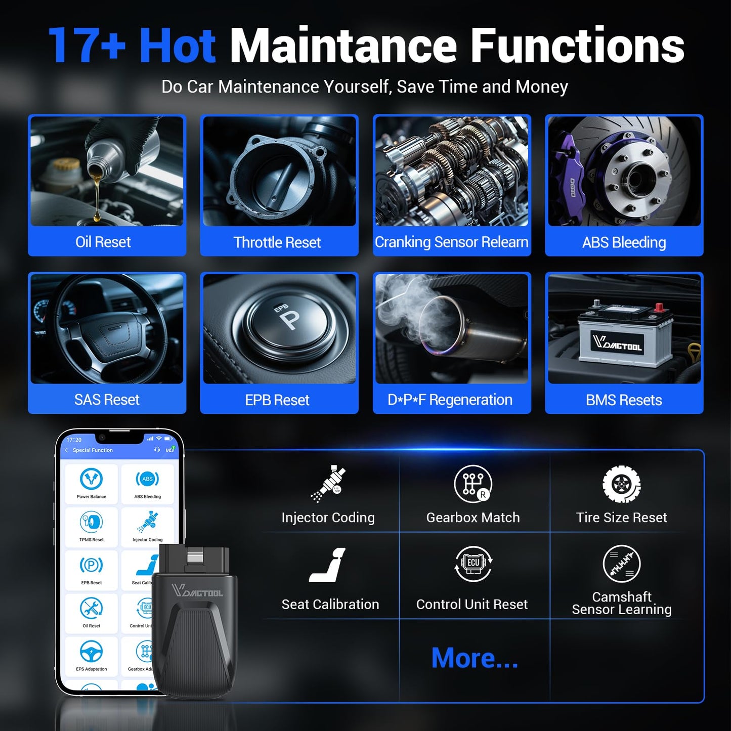 OBD2 Scanner Bluetooth Vdiagtool D100, Bidirectional Scan Tool Wireless - Full System Diagnostic With 17 Resets, Lifetime Updates Crank Sensor Throttle EPB Relearn Car Code Reader for iPhone & Android