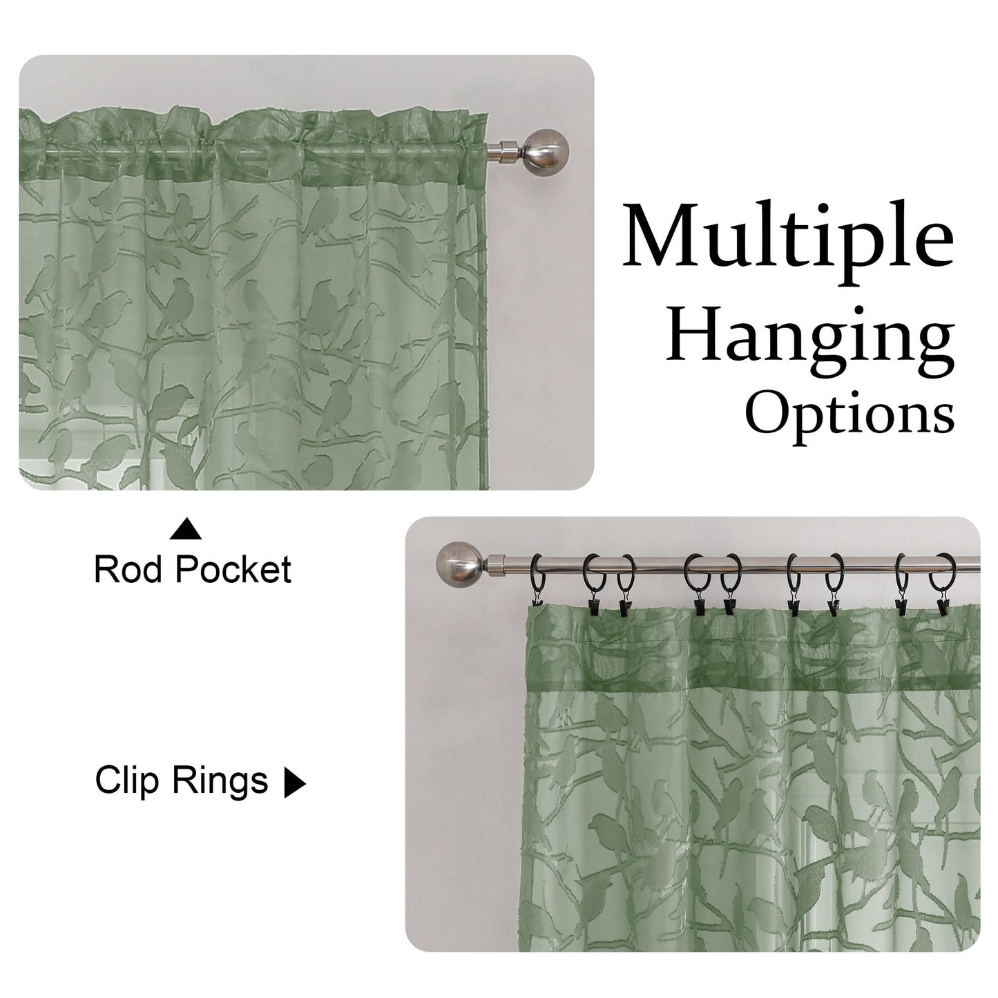 OVZME Sage Green Sheer Curtains 63 Inch Length 2 Panel Set, Light Filtering Bedroom Curtains with Dual Rod Pocket Top, Leaf Bird Clip Jacquard Sheer Farmhouse Window Drapes for Living Room, 2x38Wx63L