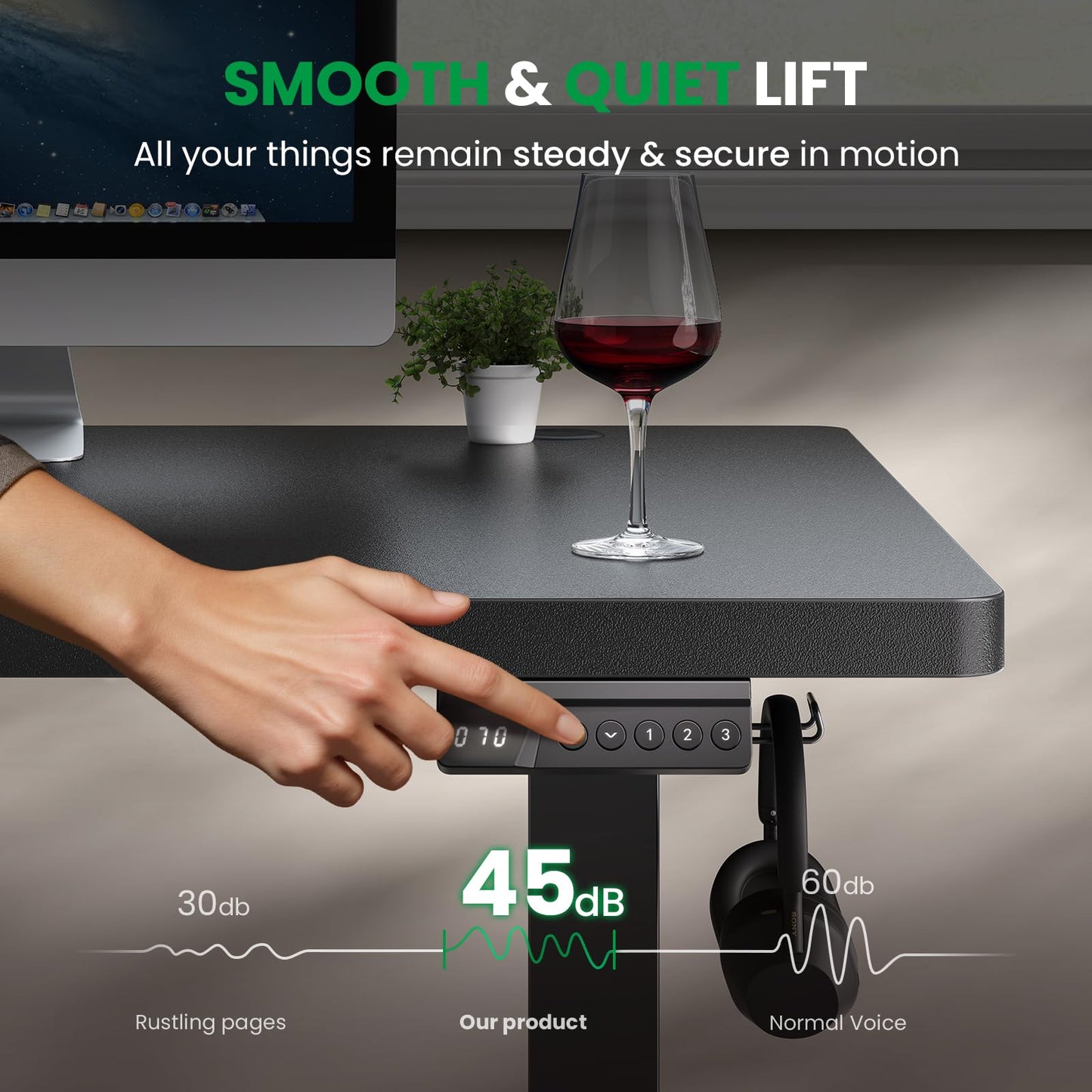 DeskShow Electric Standing Desk Adjustable - 60x28 Inch Sit Stand Desk with 1 Inch Thick Tabletop, Double Beam Frame, 3 Memory Height Adjustment, Cable Management for Home Office