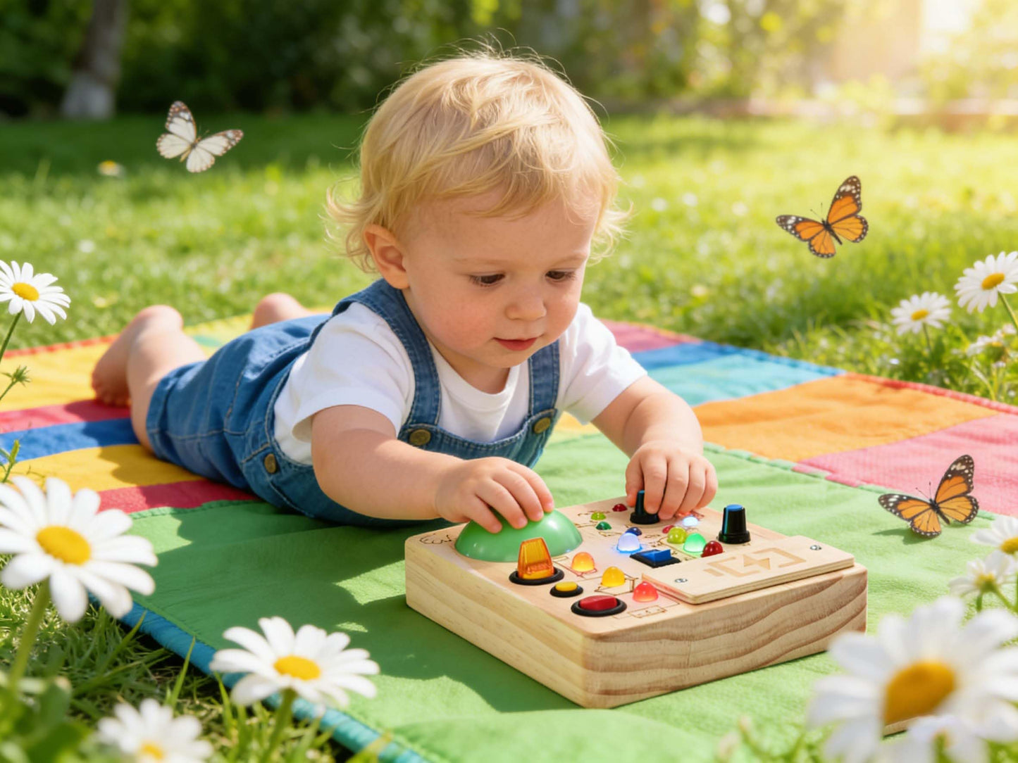 JOYKEKE Montessori Wooden Busy Board Activity Board with Tap Clap Light, Safe Durable Sensory Educational Toy for 1-4 Year Olds, Build Fine Motor & Hand-Eye Coordination for Toddler Boys & Girls