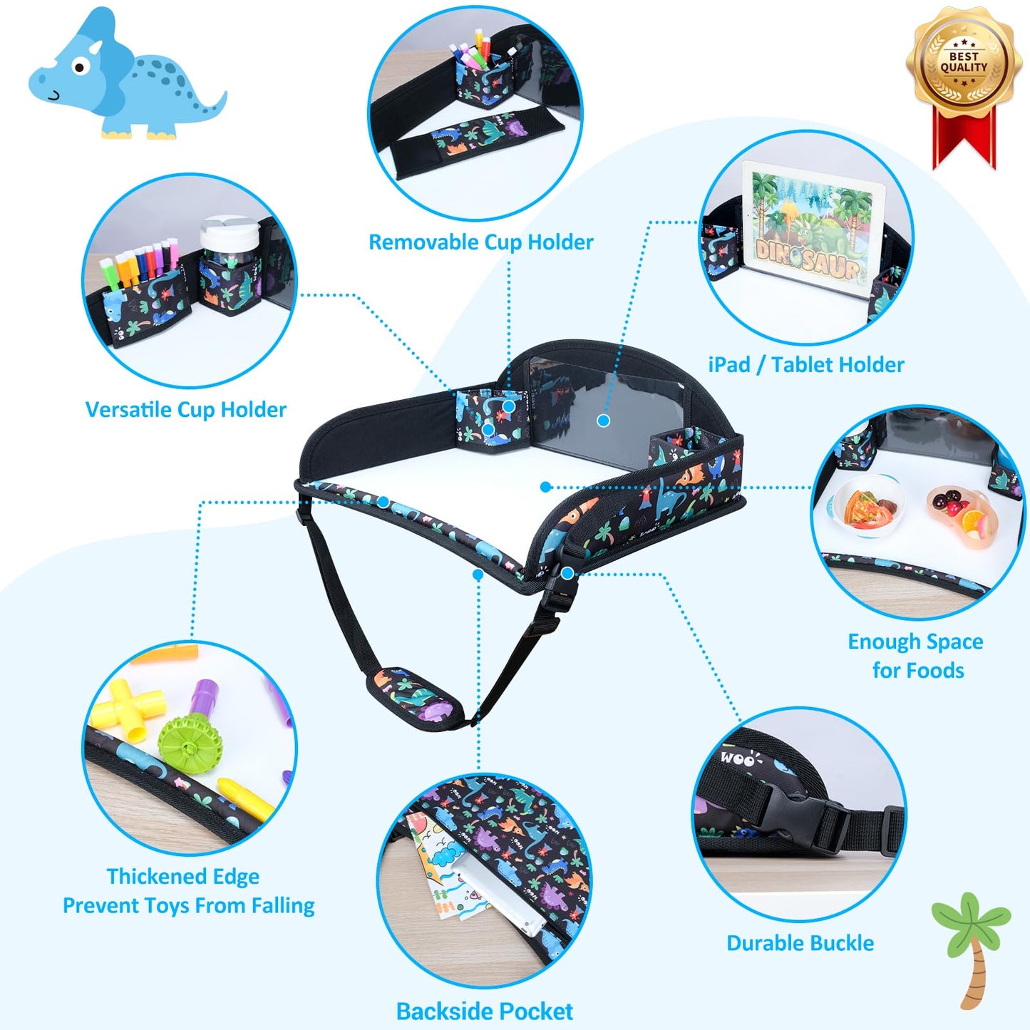 AZAMIA 2Pcs Kids Travel Tray for Toddler Carseat, Road Trip Activities Essentials for Toddler, Kids Lap Desk Tray with Tablet Holder Stand ＆ Dry Erase Board (Dinosaur-2Pcs)