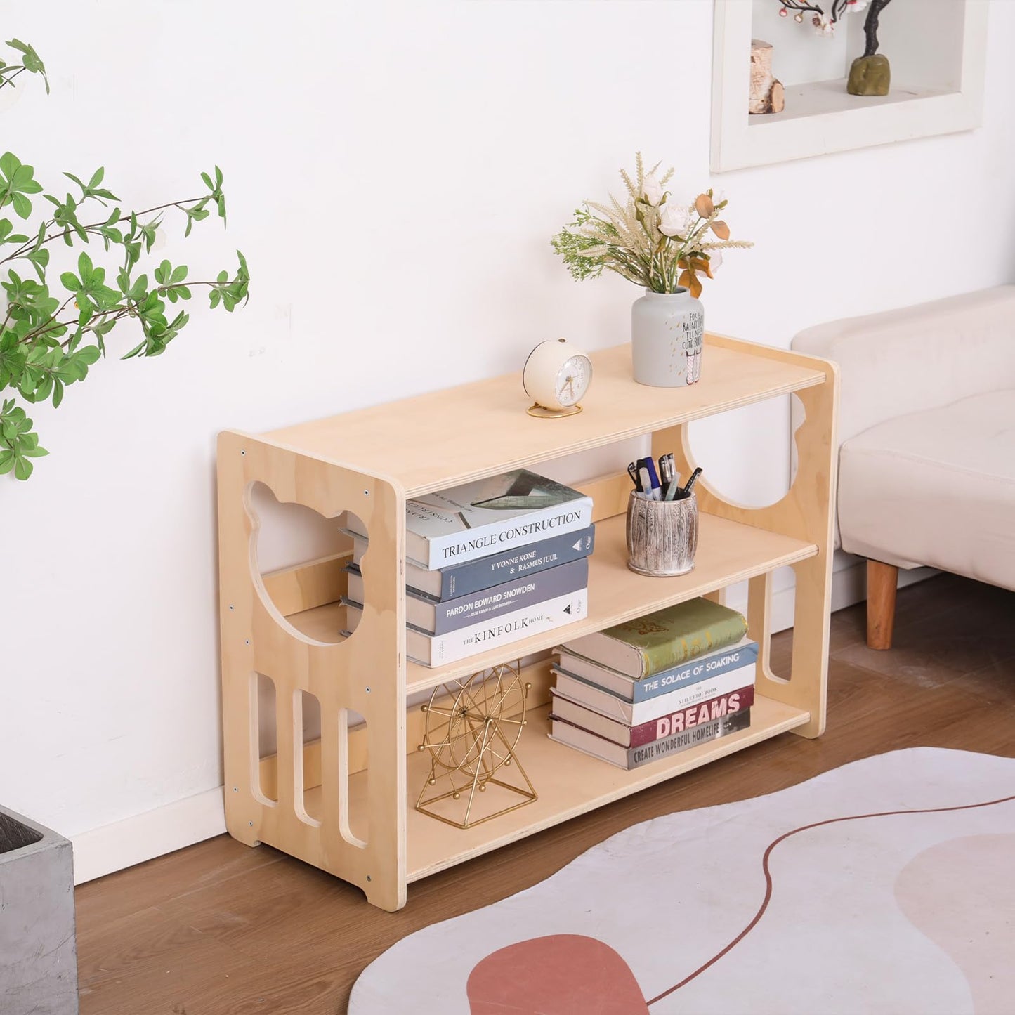 Montessori children's bookshelves, toy shelves, wooden storage and organization shelves, sturdy and safe kindergarten classroom furniture bookcases （3Tier）