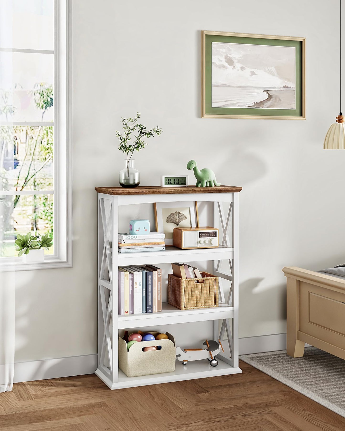 CHOEZON 4-Tier Bookcase, 42.9" Floor Standing Organizer Shelf, Corner Book Stand, Metal Frame, for Study, Bedroom, Living Room, White and Walnut TSJ01WL