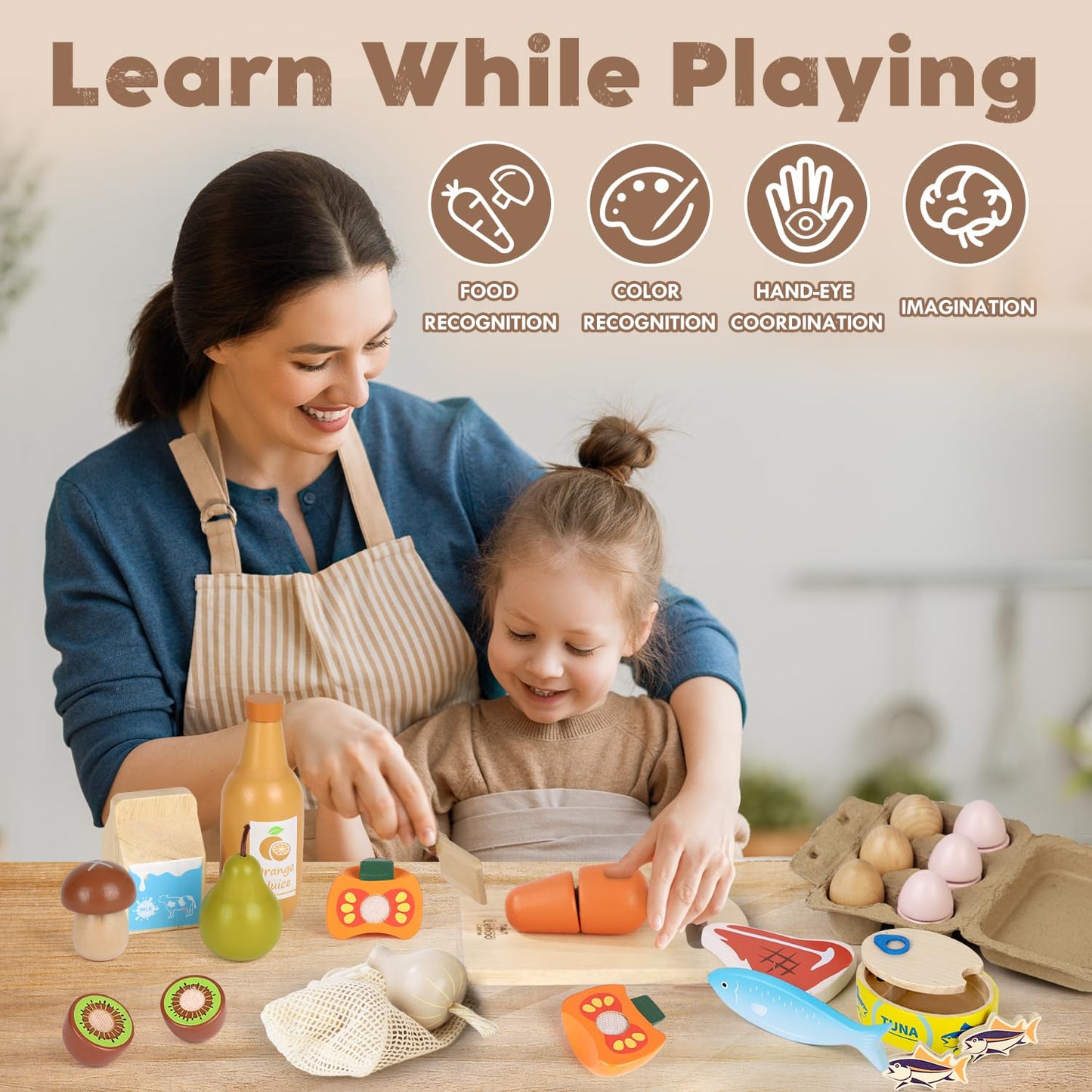 Lehoo Castle Wooden Play Food Sets for Kids Kitchen, Food Toys for Toddlers 1-3, Pretend Food Play Kitchen Accessories, Cutting Fruits Vegetables Cooking Toys Gift for Boys Girls 3 4 5 +