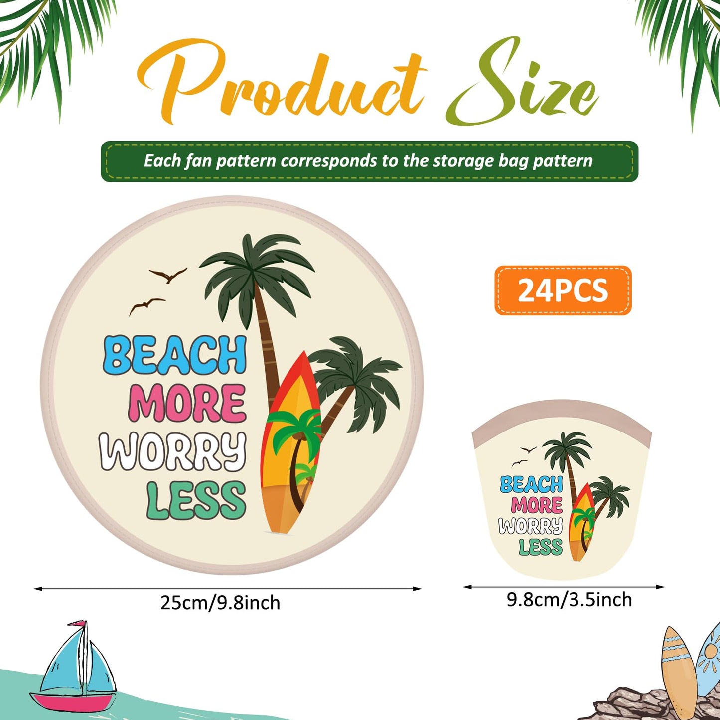 Gejoy 24 Pcs Beach Vacation Foldable Fan Style Summer Coconut Trees and Beaches Handheld Round Folding Flying Disc for Women Man Daily Use Festival Wedding Party Favors Decorations Portable, 8 Style