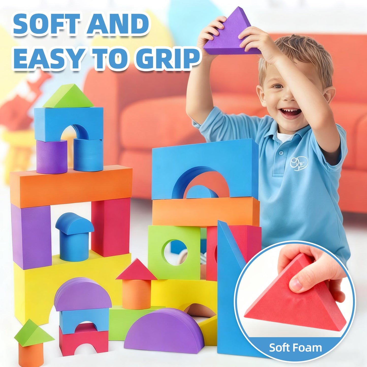 Bingyouth Large Building Foam Blocks for Toddlers, EVA Stacking Foam Building Blocks Toy Set, Non-Toxic, Washable, Early Learning Construction Toys & Gifts for Kids Boys & Girls (Blue, Pieces, 60)