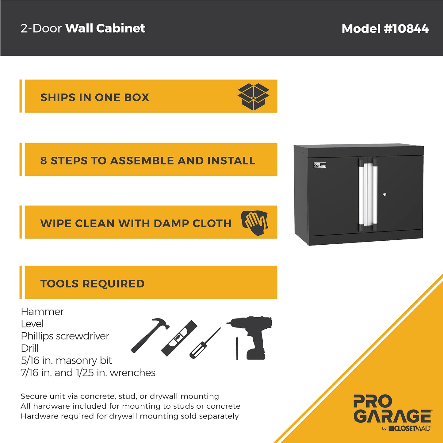 ClosetMaid ProGarage Wall Cabinet with Two Doors, Lock and Shelf, for Garage Storage, Heavy Duty Steel, Black