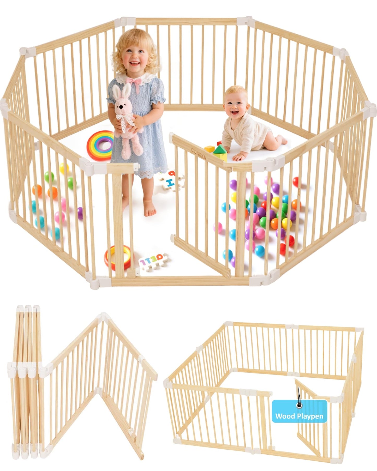 CONKKA Foldable Wooden Baby Playpen Large Play Yard for Babies, 2-in-1 New Mom Helper Portable Fence, 25" Tall Custom Wood Gate with Adjustable Size & Shape for Infants 3-18 Months -63x63x25 inch
