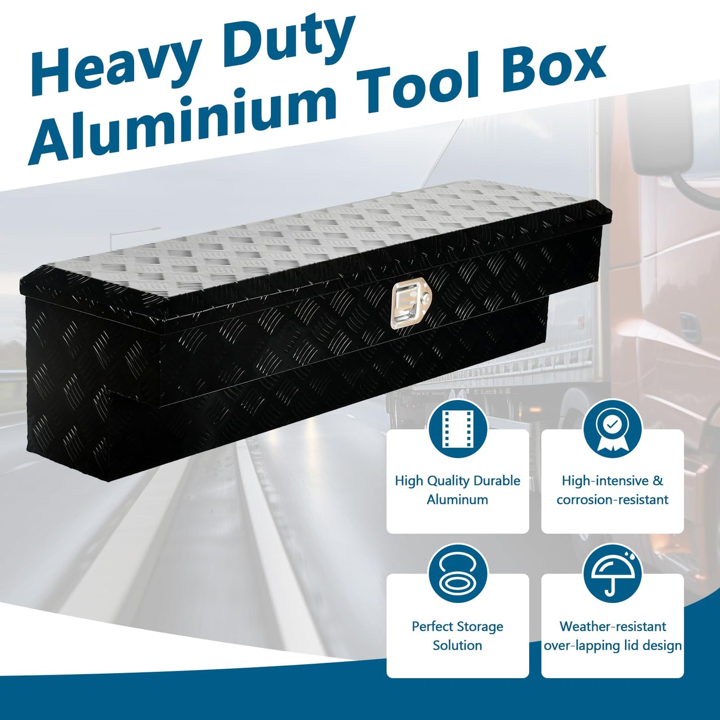 FGJQEFG 48'' Inch Aluminum Side Mount Truck Tool Box Pick Up Truck Bed RV Trailer Toolbox Storage Organizer with Side Handle, Lock & Keys，Black,5 Bar Tread (48"X8"X12.5")