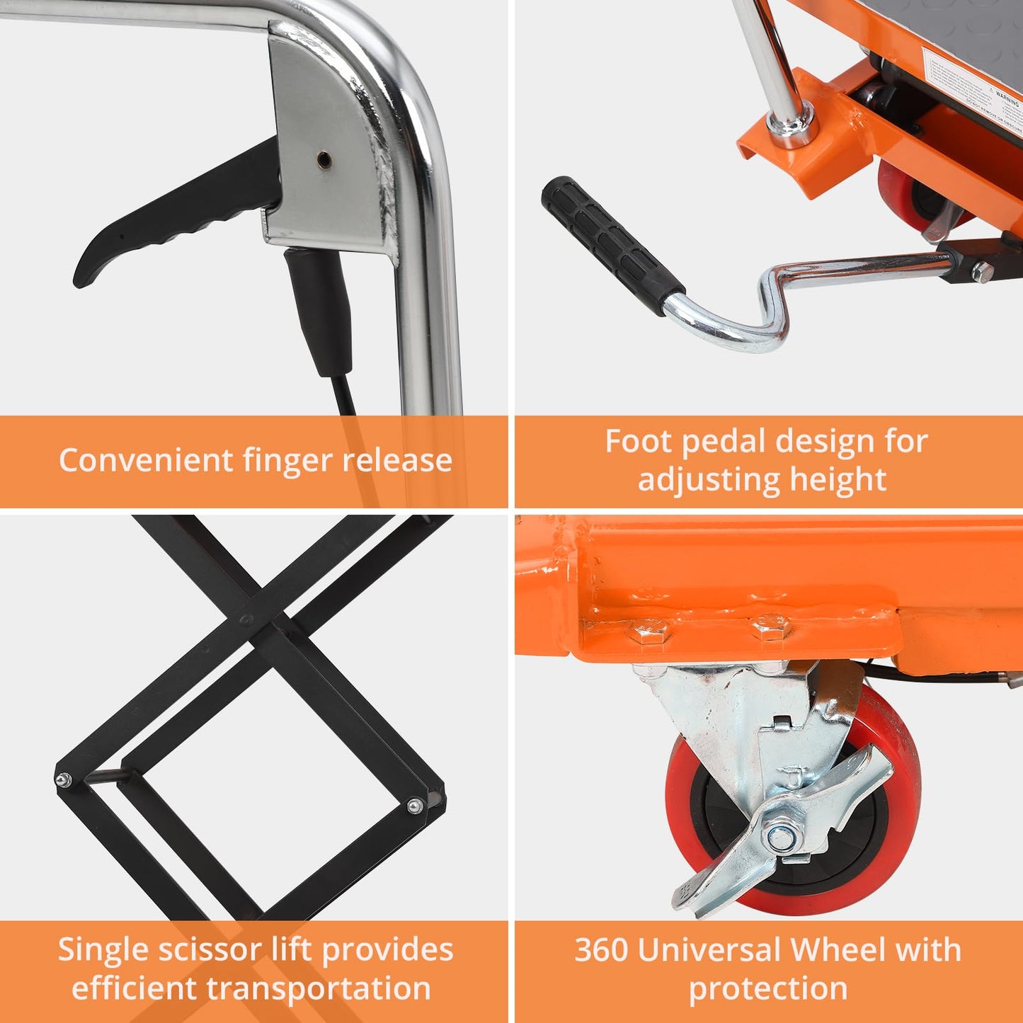 EliteEdge Double Scissor Hydraulic Lift Table Cart - 330 Lbs Capacity, 50" Height, Manual Elevating, 4 Wheels, Non-Slip Pad, Orange - Effortless Lifting, Wide Application, Easy Mobility