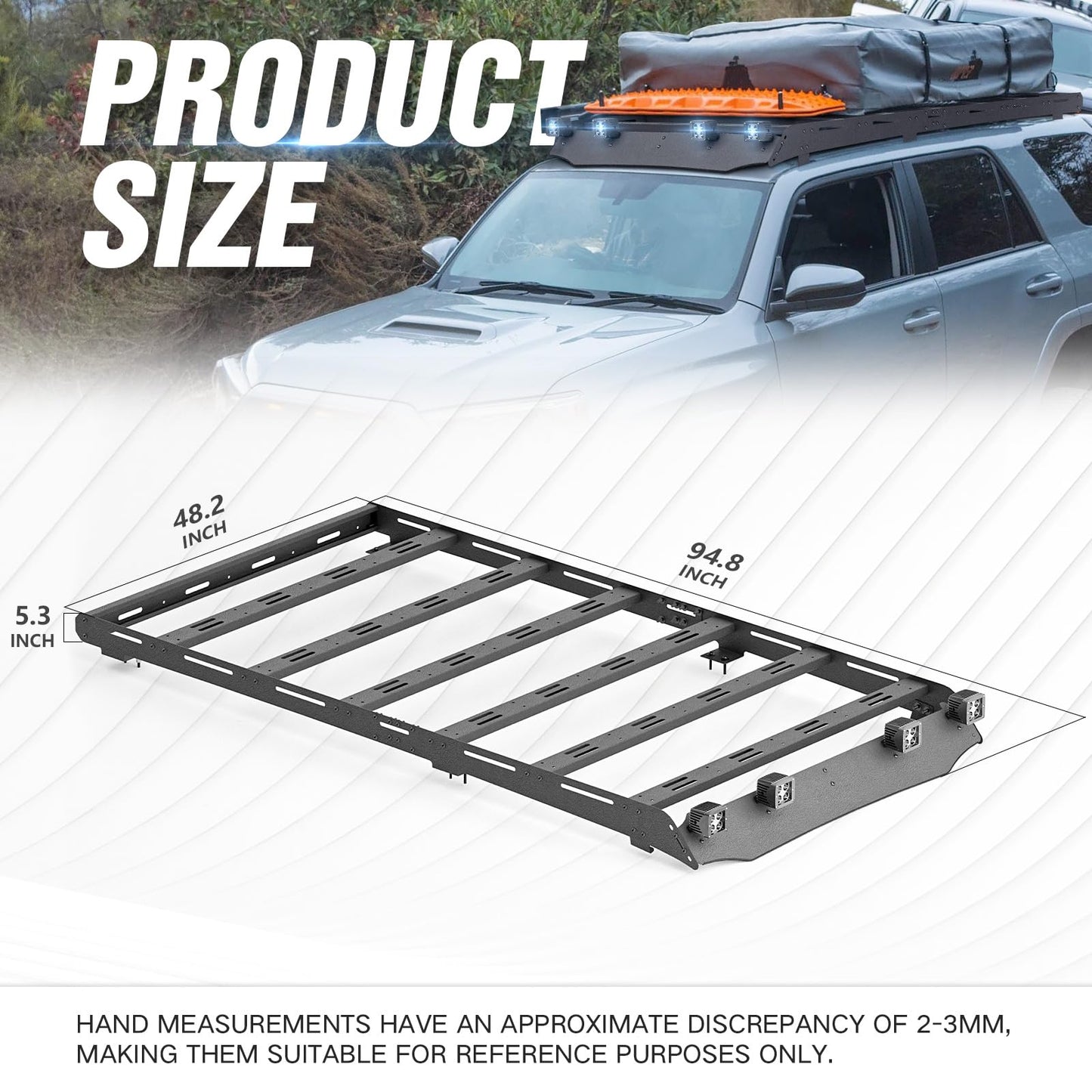 YZONA Full Size Roof Rack Cargo Basket Compatible with 2010-2024 Toyota 4Runner 5th Gen with 4 Lights, Overland Rooftop Luggage Storage Holder, Platform Style Cargo Carrier for Outdoors Gear